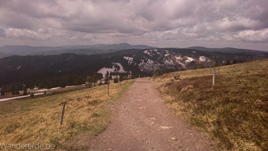 Feldbergsteig, Feldberg höchster Berg im Schwarzwald, weite schöne Aussicht, trist und Schnee im Frühjahr, schmaler teils demolierter Pfad, Wolken