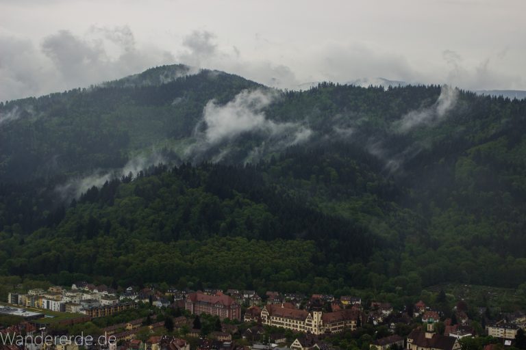 Aussicht in Stadt Freiburg vom Schlossberg, Häuser, Wald, Wolken, Schwarzwald