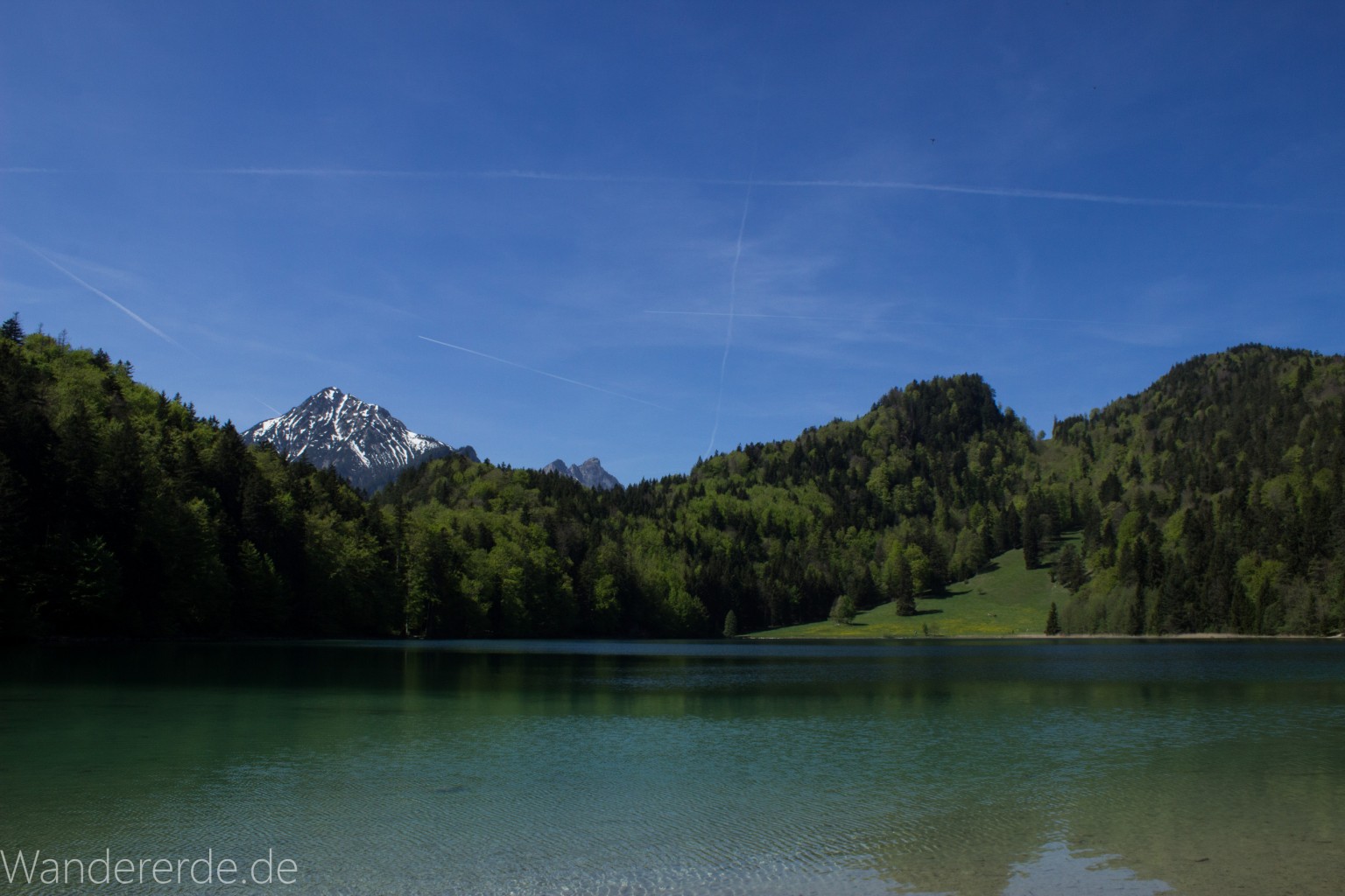 Alatsee am Ufer, blauer Himmel, strahlend klares sauberes Wasser, Berge in der Ferne mit schneebedeckte Gipfel, saftig grüner Wald, Sonne scheint warmer Frühlingstag