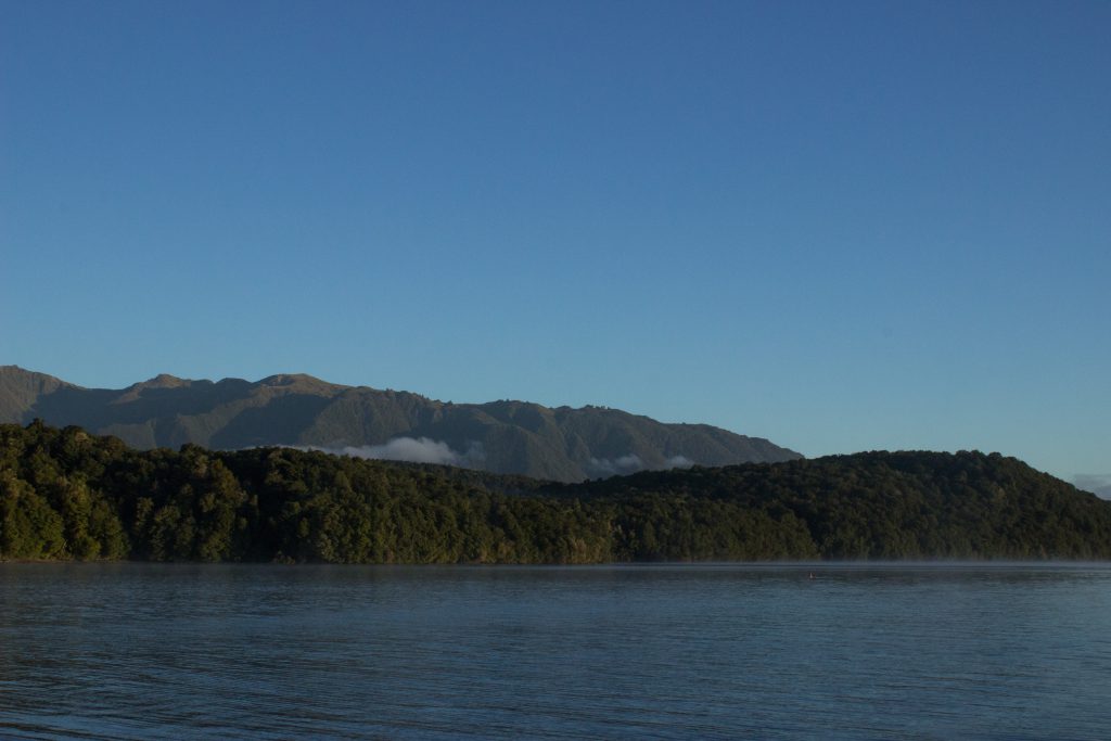 Wanderung Kepler Track - Great Walk, Wanderweg bei Bucht Brod Bay Campingplatz am schönen See Te Anau, herrliche Aussicht auf schönen See und Wald am anderen Ufer, dunkelblauer See, herrlicher Sommertag in Neuseeland Südinsel, Fiordland National Park, Wandertag beim Kepler Track