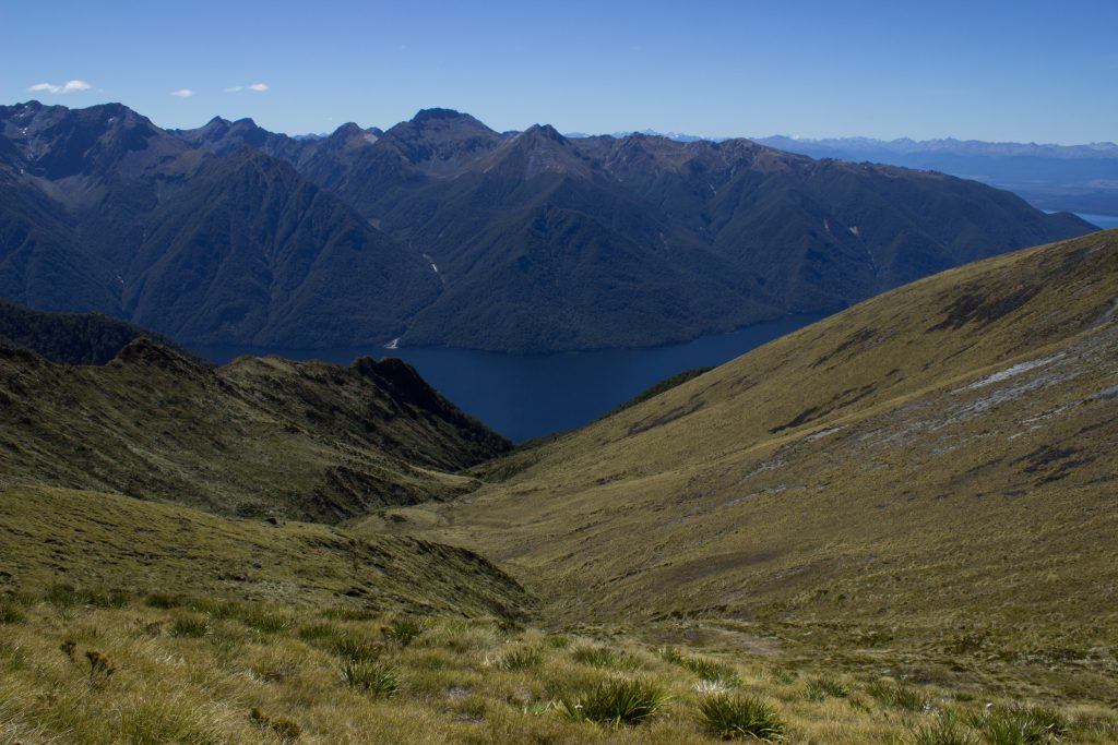 Wanderung Kepler Track - Great Walk, Wanderweg entlang Bergkamm im rauen Gelände, alpin oberhalb Baumgrenze, herrliche Aussicht, dunkelblauer See, herrlicher Sommertag in Neuseeland Südinsel, Fiordland National Park, Wandertag beim Kepler Track