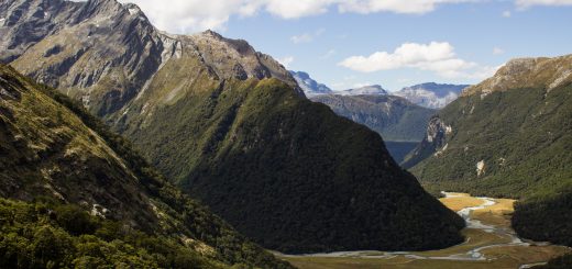 Wanderung Routeburn Track - Great Walk im Fiordland Nationalpark Südinsel Neuseeland,zauberhaftes Routeburn Tal Valley, Wanderweg Routeburn im Fiordland Nationalpark, beeindruckende Berge mit Gipfeln über der Baumgrenze, herrlicher Sommertag auf Südinsel Neuseelands, traumhafte Wanderung, wunderschön, beeindruckend, saftig grüner Wald bedeckt Berge