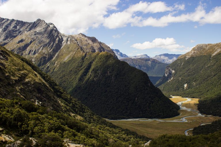 Wanderung Routeburn Track - Great Walk im Fiordland Nationalpark Südinsel Neuseeland,zauberhaftes Routeburn Tal Valley, Wanderweg Routeburn im Fiordland Nationalpark, beeindruckende Berge mit Gipfeln über der Baumgrenze, herrlicher Sommertag auf Südinsel Neuseelands, traumhafte Wanderung, wunderschön, beeindruckend, saftig grüner Wald bedeckt Berge
