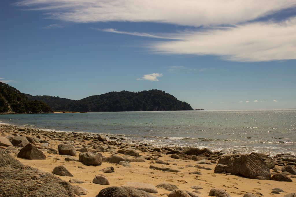 Wanderung Abel Tasman Coast Track Great Walk Südinsel Neuseeland, Aussicht auf traumhafte, sichelförmige Bucht mit blaugrünem klarem frischem Wasser und dichtem grünem Wald, Sonnenschein, Palmen und Farne, goldener Sandstrand mit Steine
