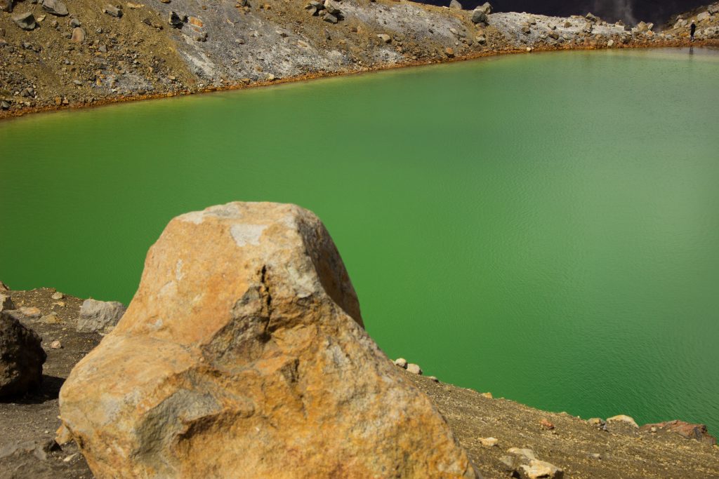 Tongariro Alpine Crossing Wanderung, Nordinsel Neuseeland, tolle Aussicht auf Berge, Fluss bei Wanderung Tongarrio Alpine Crossing, unter Baumgrenze noch saftig grün