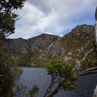 Ronny Creek bis Marions Lookout, Aussichtspunkt, Wanderung Overland Track im Cradle Mountain Lake St. Clair National Park, raue Gebirgslandschaft, schöner See, Ende des Sommers in Tasmanien, Bäume