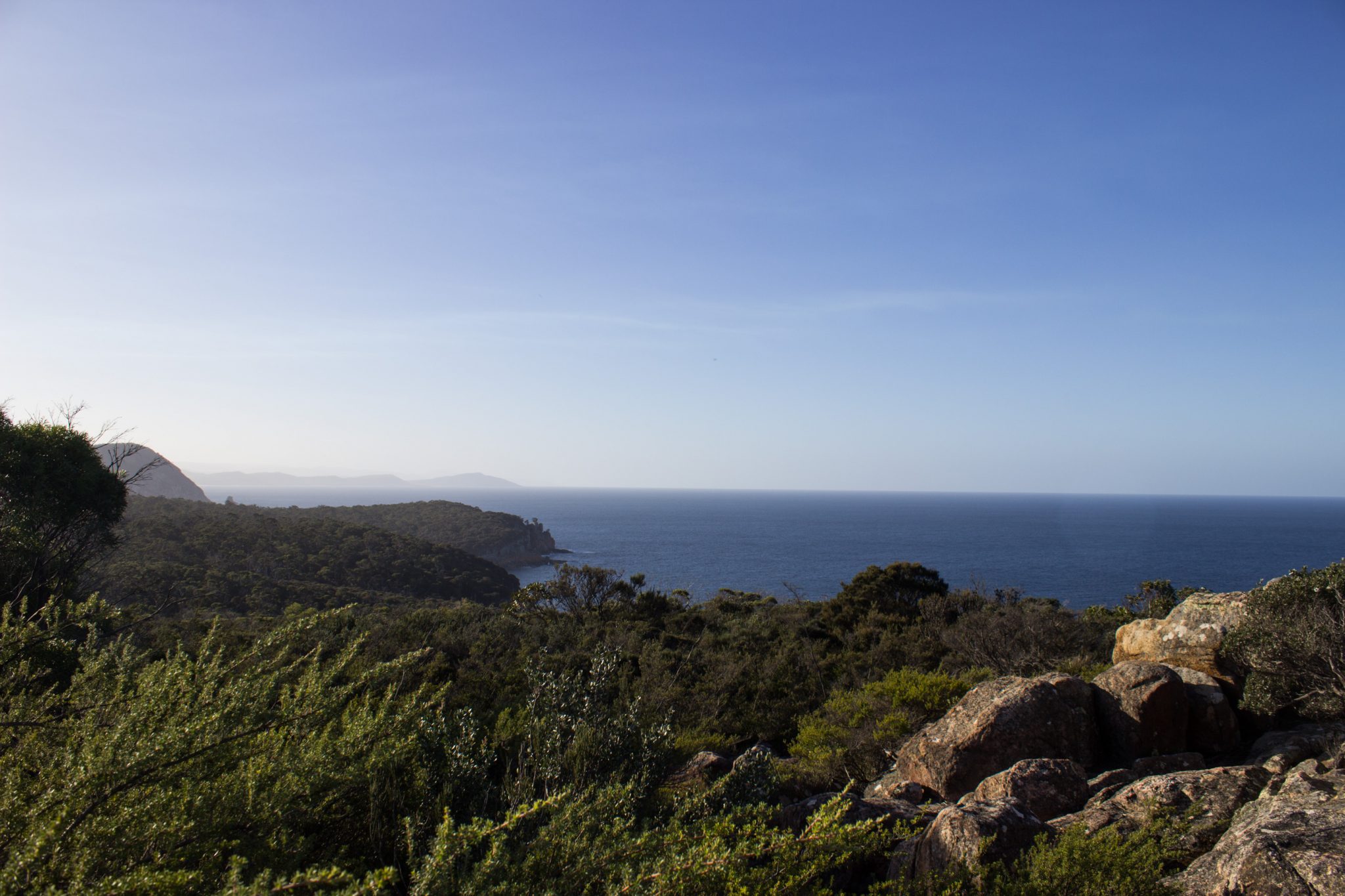 Lookout, Aussichtspunkt im traumhaften Freycinet Nationalpark in Tasmanien, saftig grüner Wald, Berge