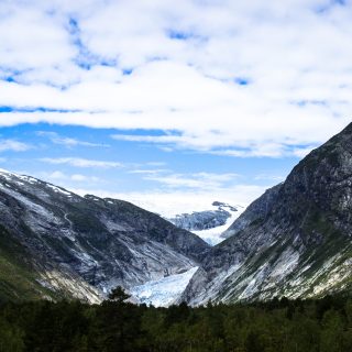Wanderung Gletscher Nigardsbreen im Jostedalsbreen Nationalpark, Blick auf den Gletscher Nigardsbreen umgeben von Bergen und Wald