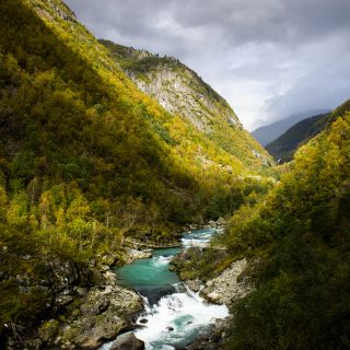 Wanderung zum Vettisfossen Wasserfall, höchster unregulierter Wasserfall in Norwegen, Blick von Brücke auf sehr klares Wasser im Fluß und schönen Wald umringt von Bergen, Sonne zaubert schönes Licht