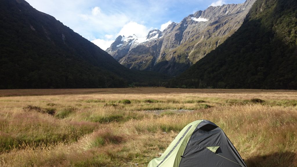 Wanderung Routeburn Track - Great Walk im Fiordland Nationalpark Südinsel Neuseeland, zauberhaftes Routeburn Tal Valley, Wanderweg Routeburn im Fiordland Nationalpark, beeindruckende Berge mit Gipfeln über der Baumgrenze, herrlicher Sommertag auf Südinsel Neuseelands, traumhafte Wanderung, wunderschön, beeindruckend