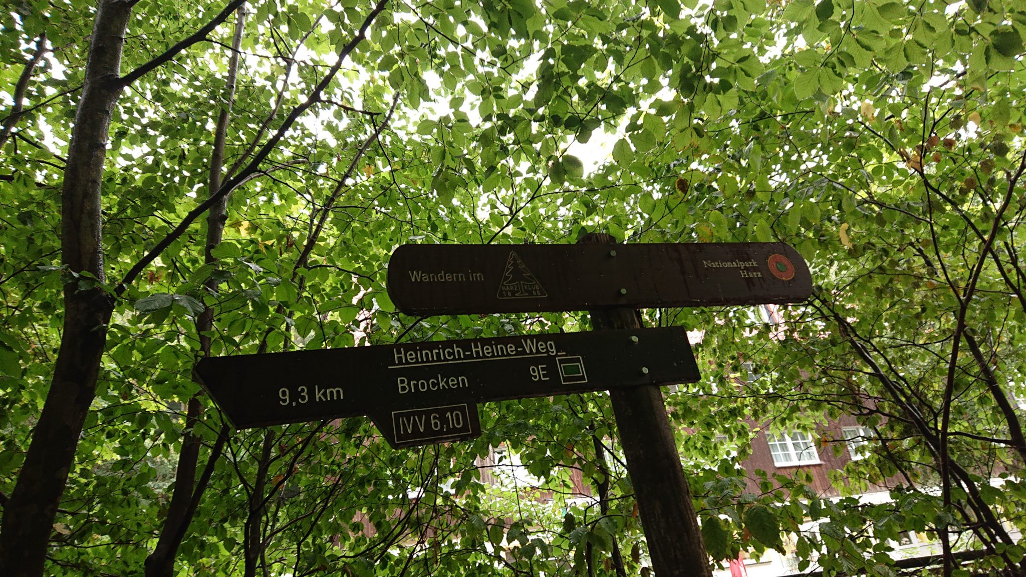 Wanderung Brocken über Heinrich-Heine-Weg Start in Ilsenburg, Nationalpark Harz, Wegmarkierung Schild, 9,3 km bis zum Berg Brocken