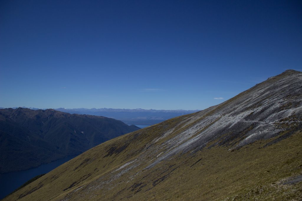 Wanderung Kepler Track - Great Walk, Wanderweg entlang Bergkamm im rauen Gelände, alpin oberhalb Baumgrenze, herrliche Aussicht