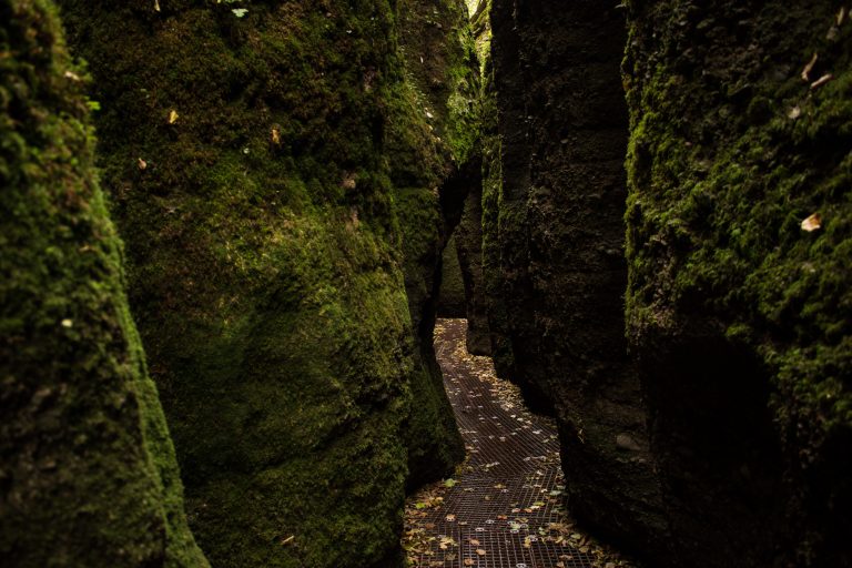 Drachenschlucht und Landgrafenschlucht - Schluchtentour bei Eisenach wandern, sehr schmaler Weg durch Drachenschlucht, gemachter Weg über Metallgitter, riesige Felswände