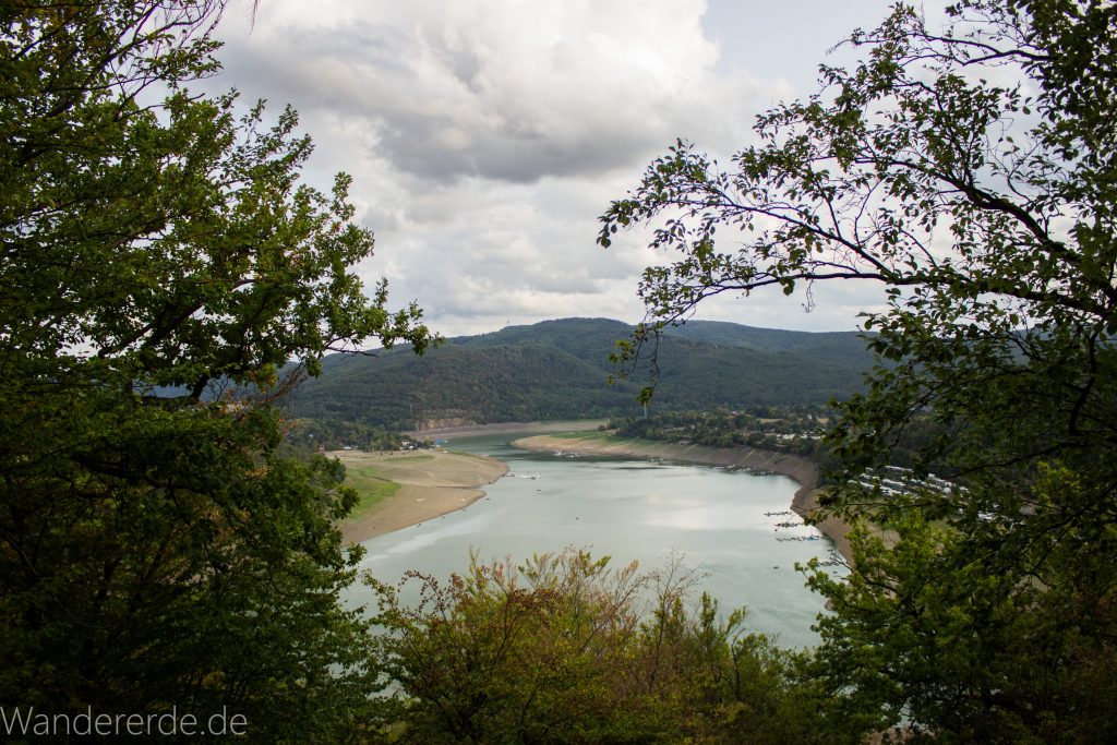 Wanderung um die Mühlecke, lohnenswerte kurze Wanderung über schmalen Pfad, tolle Aussicht auf Edersee, Krüppelbaum, schöne Lichtstimmung, saftig grüner Wald, Rundweg um Mühlecke, kleiner Berg