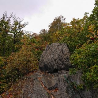 Rundwanderung auf der Blankenburger Teufelsmauer, Felsformation, Stufen in Stein geschlagen mit Trittsicherung, angrenzender Wald, Laub in Herbstfarben, große Steine