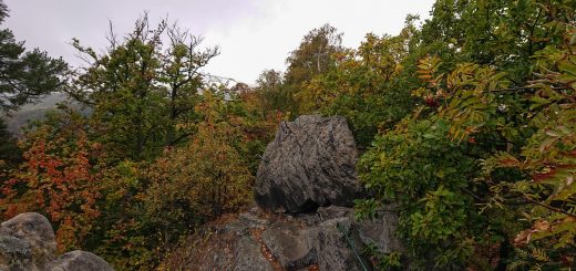 Rundwanderung auf der Blankenburger Teufelsmauer, Felsformation, Stufen in Stein geschlagen mit Trittsicherung, angrenzender Wald, Laub in Herbstfarben, große Steine