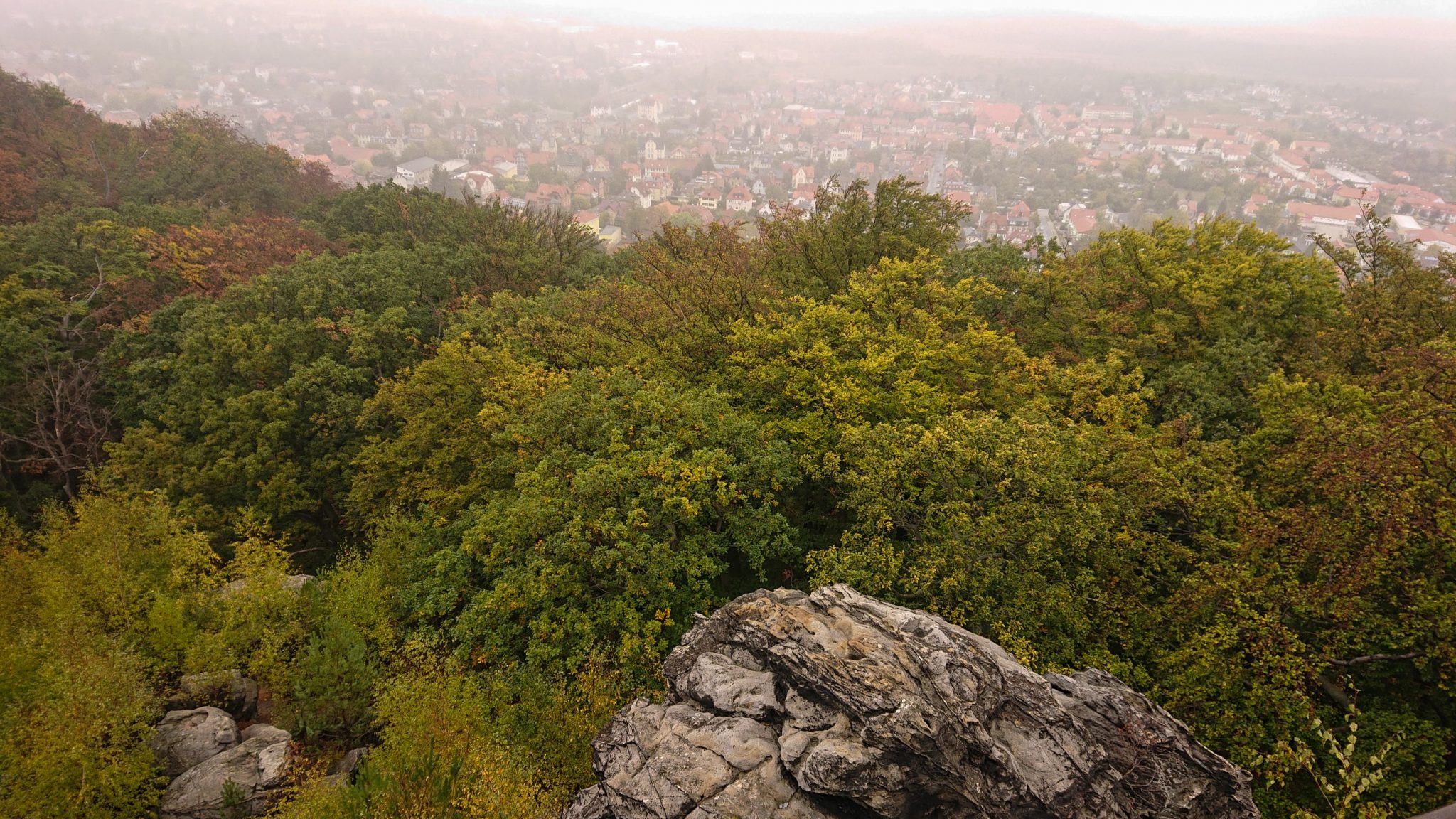 Rundwanderung auf der Blankenburger Teufelsmauer, Aussicht auf Stadt Blankenburg im Harz, schöner angrenzender Herbstwald, trist, wolkig, neblig