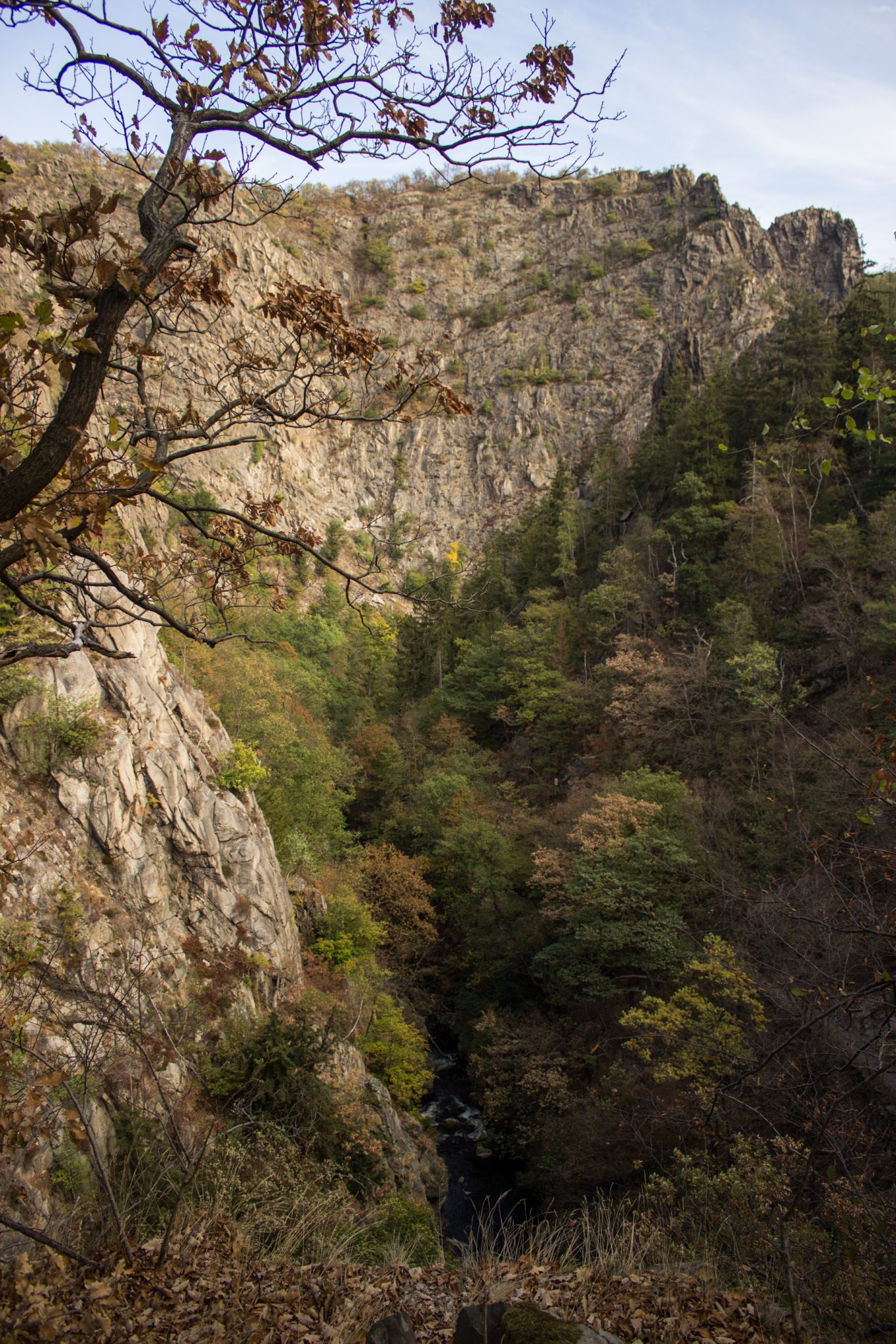 Rundwanderung Thale nach Treseburg - über Hexentanzplatz, Bodetal und Roßtrappe, beeindruckende Aussicht im Bodetal auf riesige Steilwände aus Fels, große tiefe Schlucht um Fluß Bode im Bodetal, in der Nähe von Thale