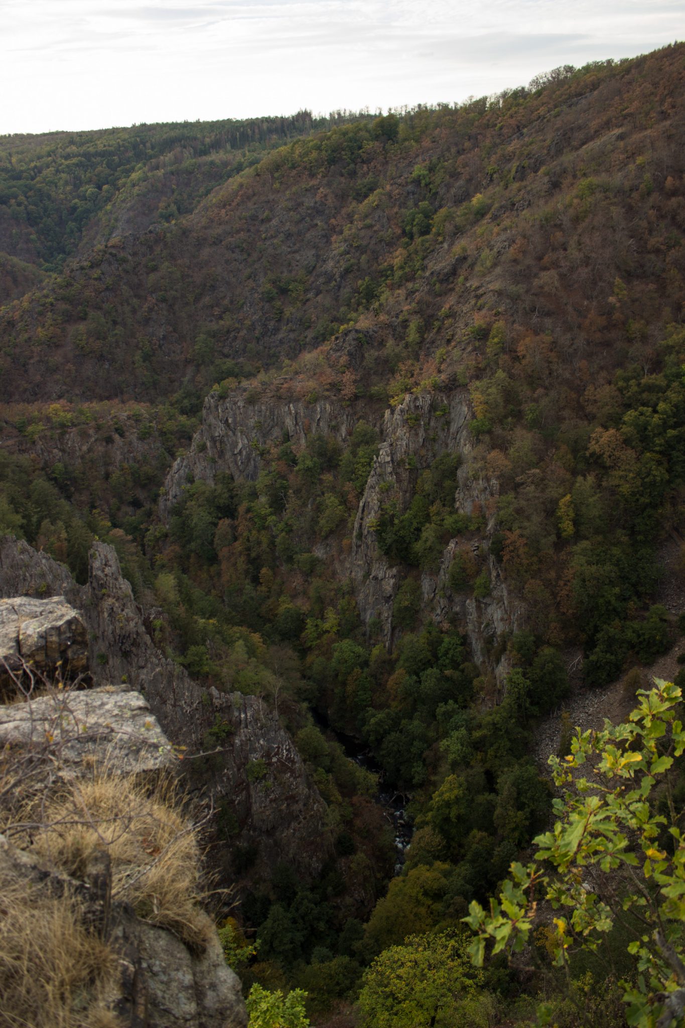 Rundwanderung Thale nach Treseburg - über Hexentanzplatz, Bodetal und Roßtrappe, beeindruckende Aussicht von der Roßtrappe auf das Bodetal, riesige Steilwände aus Fels, große tiefe Schlucht beim Fluß Bode im Bodetal, in der Nähe von Thale beim Aussichtspunkt Roßtrappe