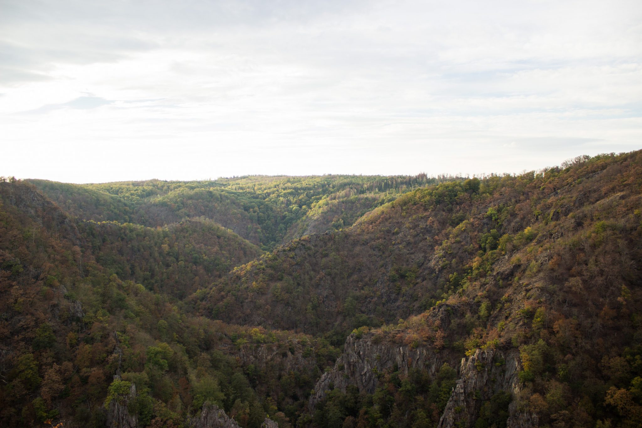 Rundwanderung Thale nach Treseburg - über Hexentanzplatz, Bodetal und Roßtrappe, beeindruckende Aussicht von der Roßtrappe auf das Bodetal, riesige Steilwände aus Fels und Blick auf weite Landschaft, große tiefe Schlucht beim Fluß Bode im Bodetal, in der Nähe von Thale beim Aussichtspunkt Roßtrappe