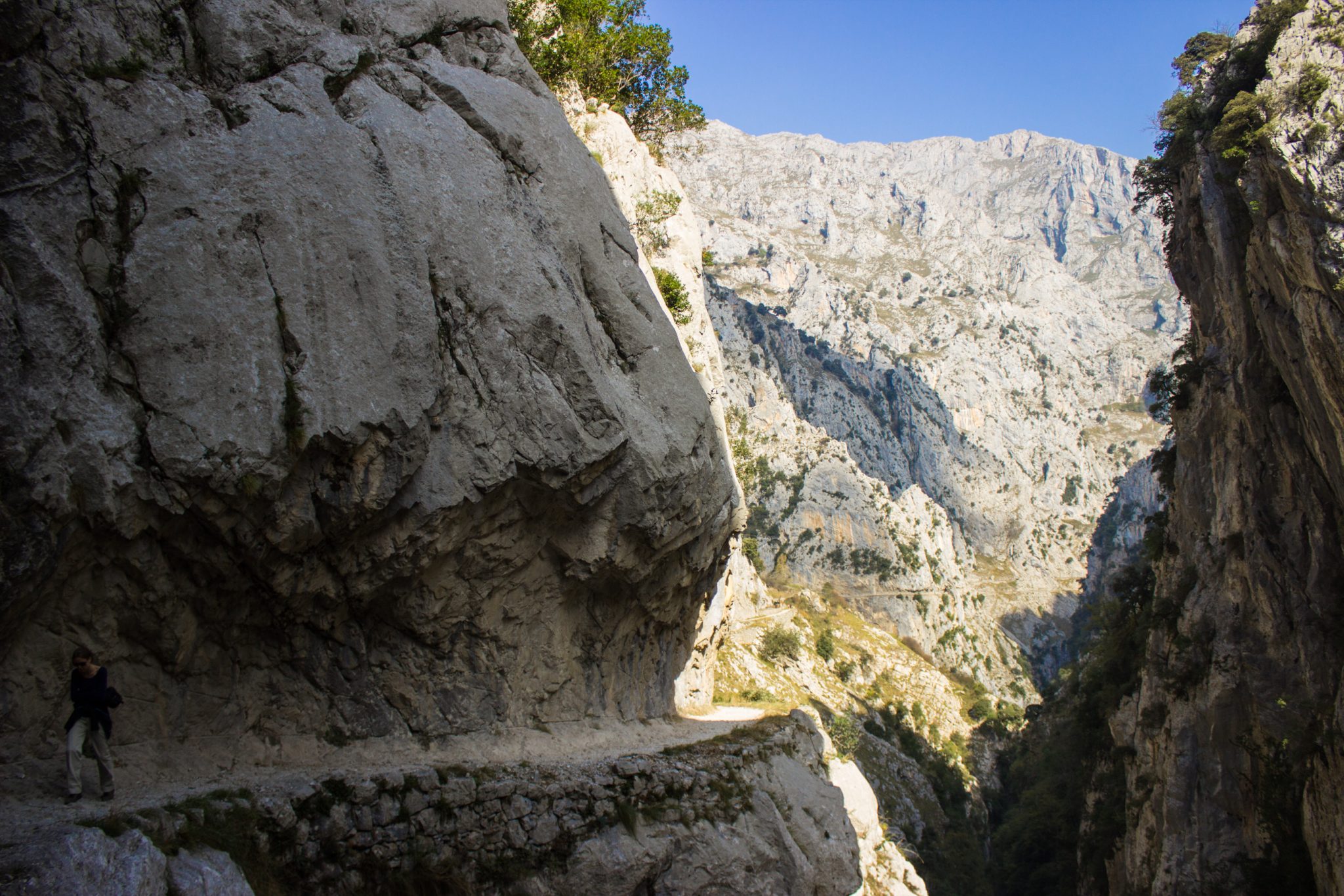 Ruta del Cares wandern in den Picos de Europa, Wanderung durch die göttliche Schlucht im Nationalpark Picos de Europa im Norden von Spanien, schmaler Wanderweg durch die Schlucht im Cares Tal, atemberaubende und abwechslungsreiche Aussicht, steile Felswände, tiefe Schlucht mit Fluss Cares