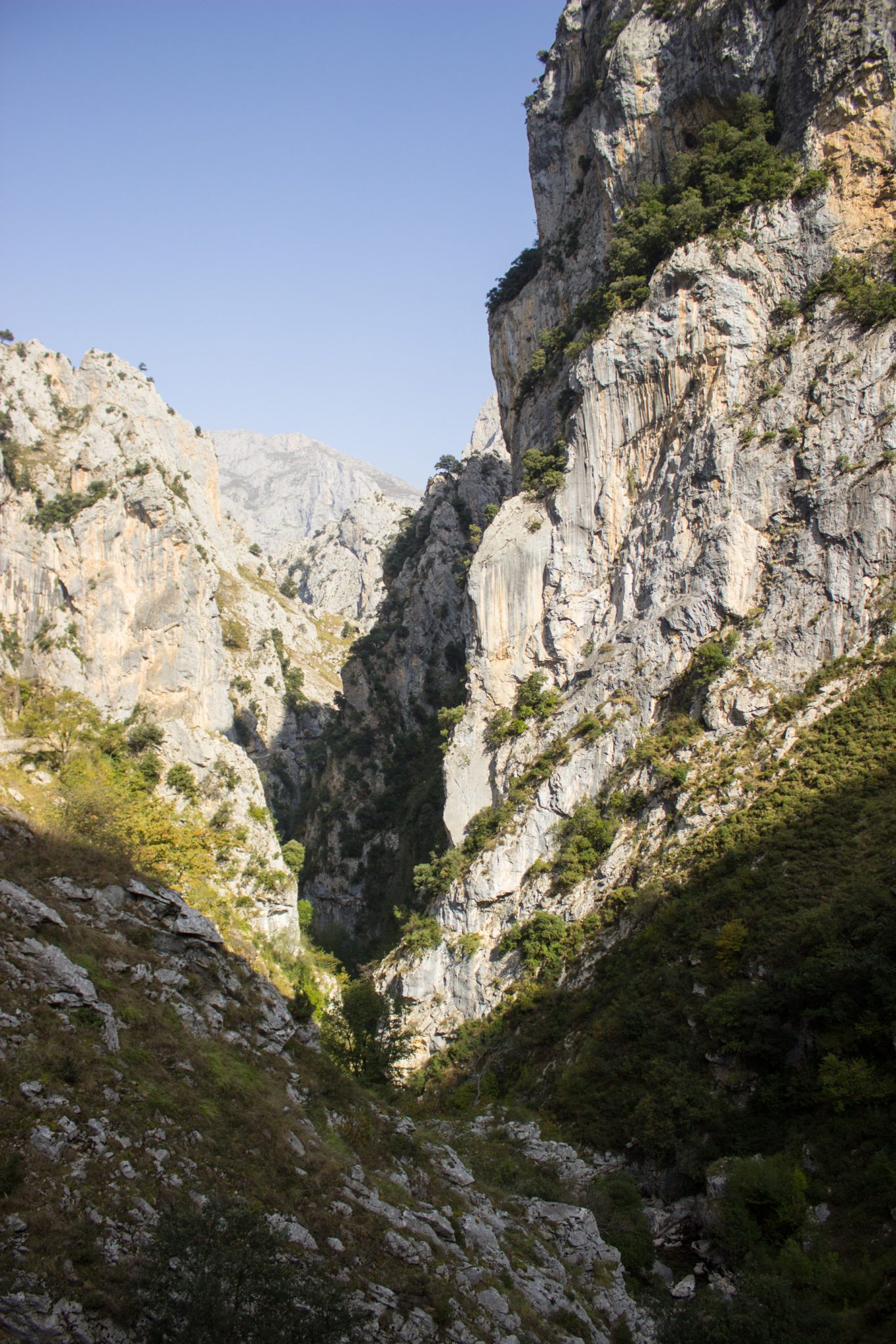 Ruta del Cares wandern in den Picos de Europa, Wanderung durch die göttliche Schlucht im Nationalpark Picos de Europa im Norden von Spanien, schmaler Wanderweg durch die Schlucht im Cares Tal, atemberaubende und abwechslungsreiche Aussicht, steile Felswände, tiefe Schlucht mit Fluss Cares