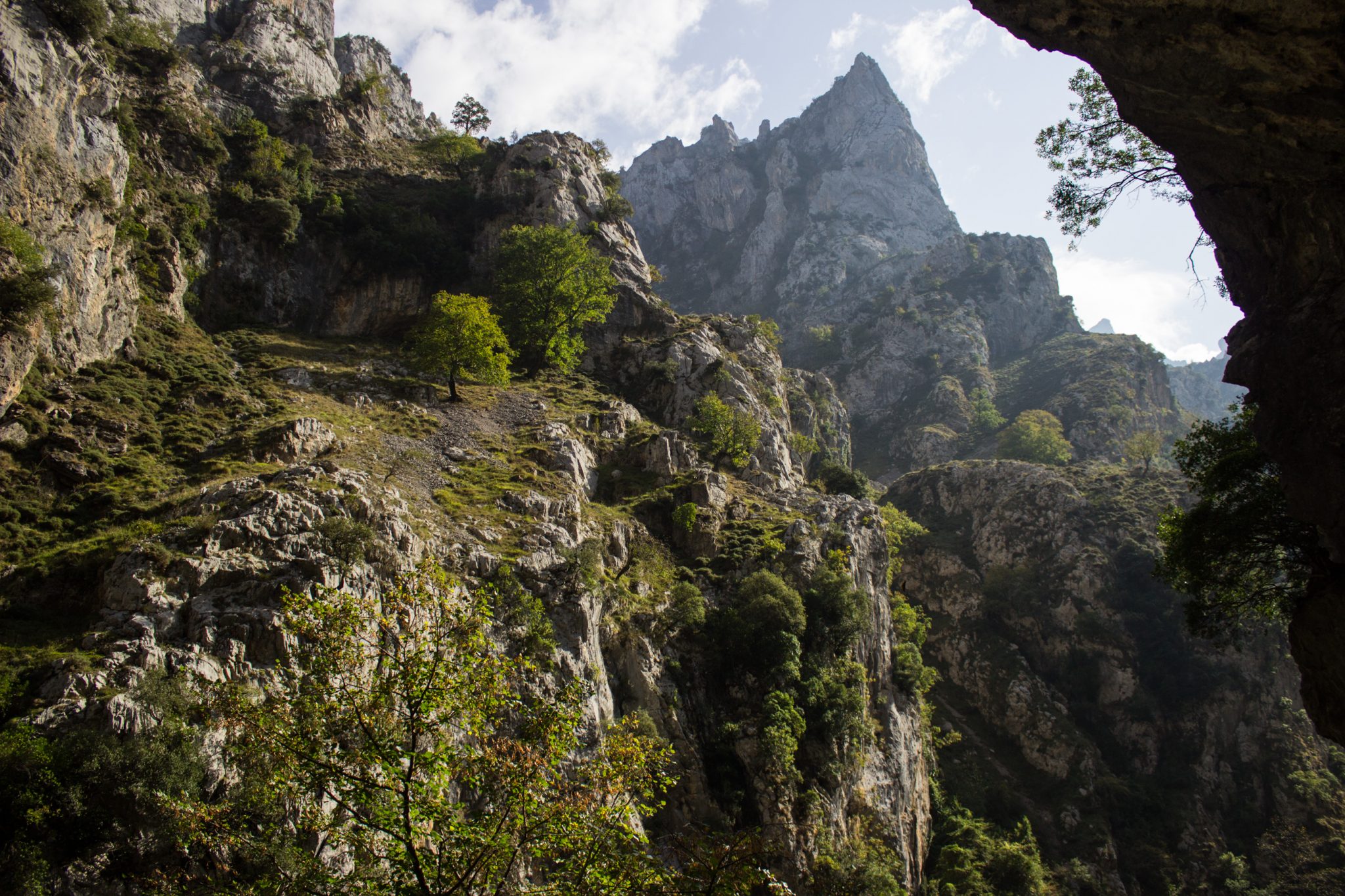Ruta del Cares wandern in den Picos de Europa, Wanderung durch die göttliche Schlucht im Nationalpark Picos de Europa im Norden von Spanien, schmaler Wanderweg durch die Schlucht im Cares Tal, atemberaubende und abwechslungsreiche Aussicht, steile Felswände, tiefe Schlucht mit Fluss Cares
