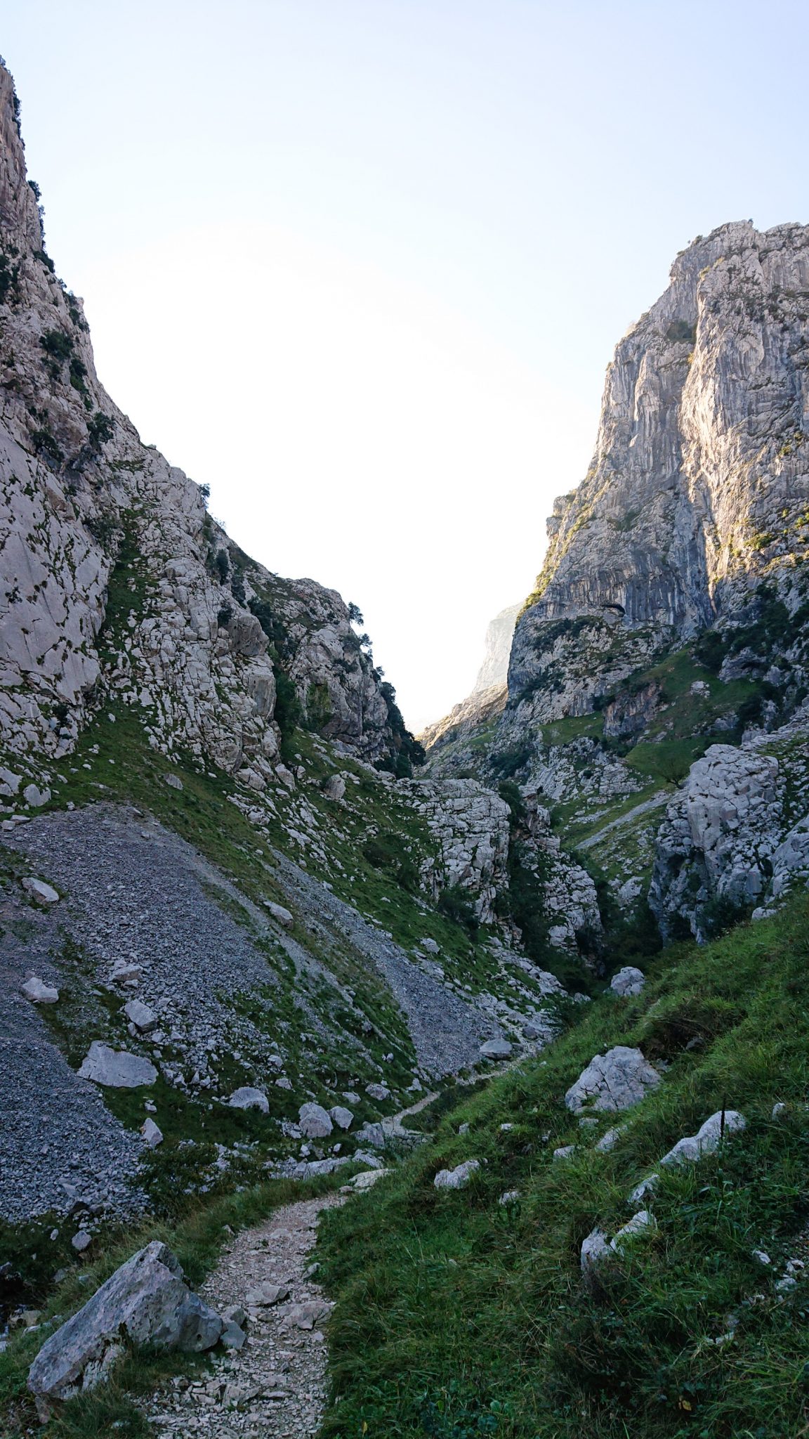 Wanderung Poncebos nach Bulnes in den Picos de Europa, schmaler Wanderpfad zwischen hohen Felswänden, saftig grüne Wiese, Steine und Geröll