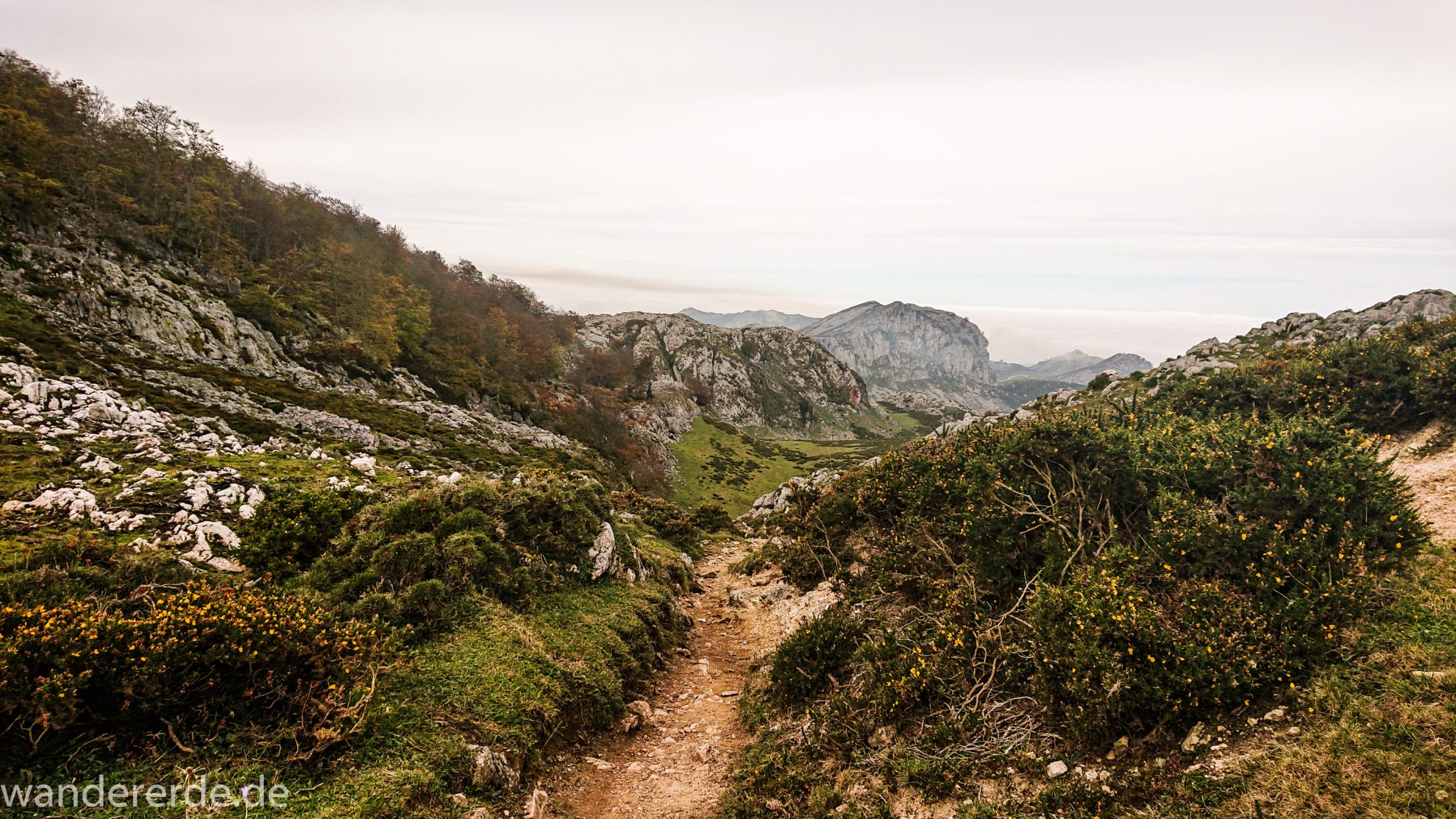Wanderung Vega de Ario Picos de Europa Spanien, Aussicht bis zum atlantischen Ozean und Strand, schmaler Wanderpfad, Büsche, Steine und Berge, Wanderregion in  Nordspanien
