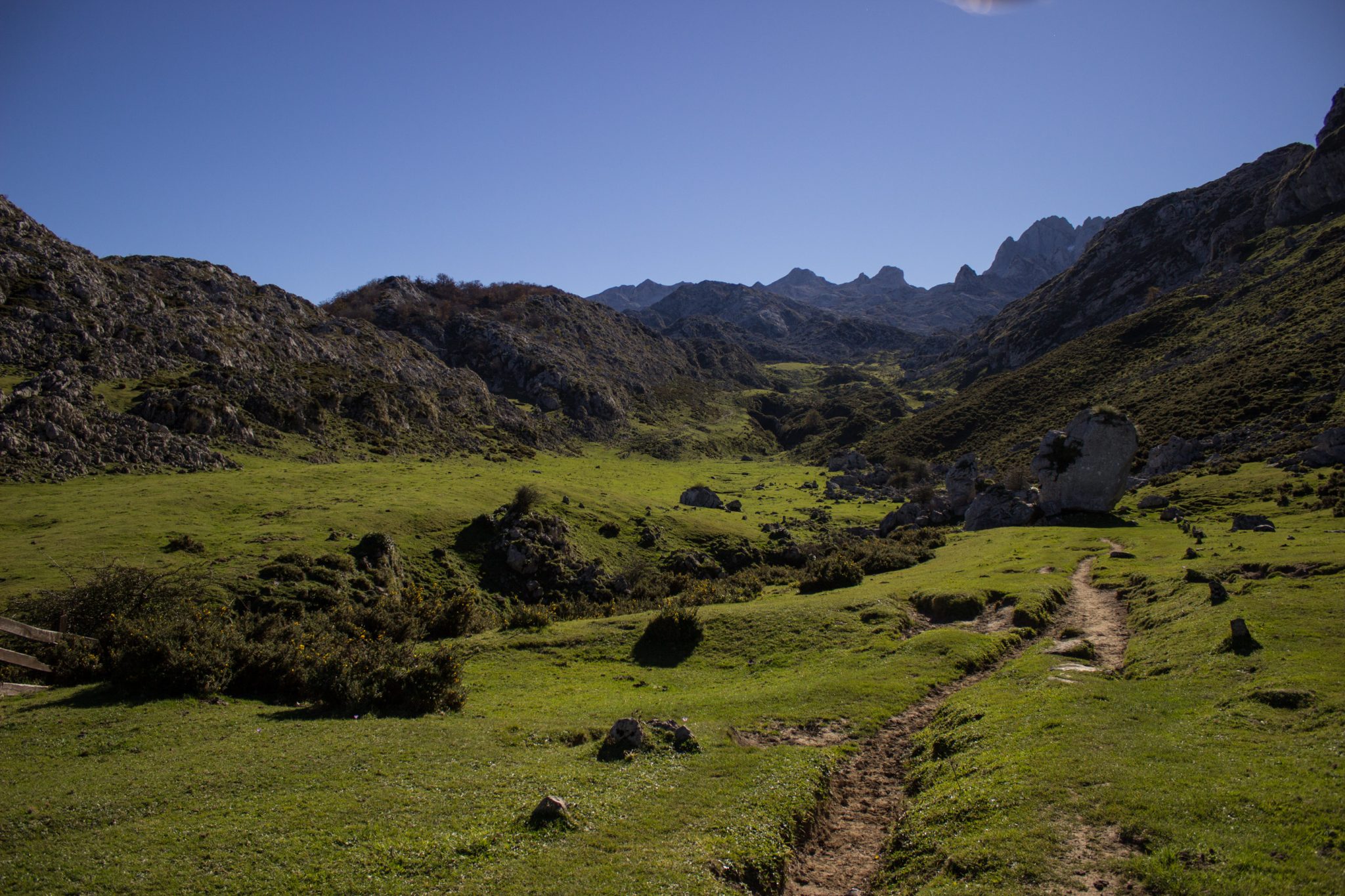 Wanderung Mirador de Ordiales Picos de Europa Spanien, Pfad durch Tal, Berge, saftige grüne Wiesen, strahlend blauer Himmel im Herbst Ende Oktober