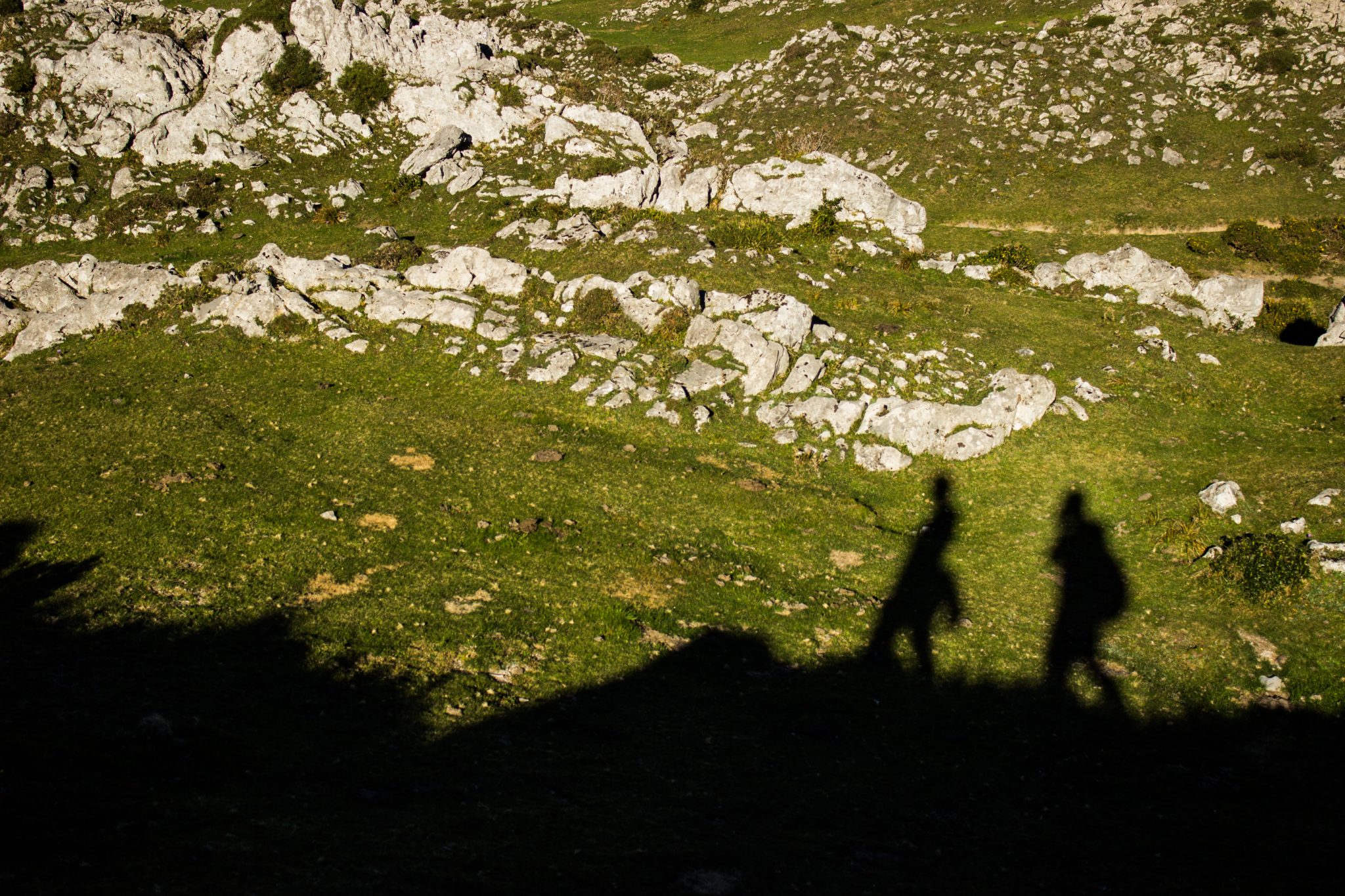 Wanderung Mirador de Ordiales Picos de Europa Spanien, schöner sehr schmaler und einsamer Wanderweg in Bergregion, Schatten von Wanderern Felsen und zerklüftete Steine, saftig grüne Wiesen, Nationalpark im Norden Spaniens
