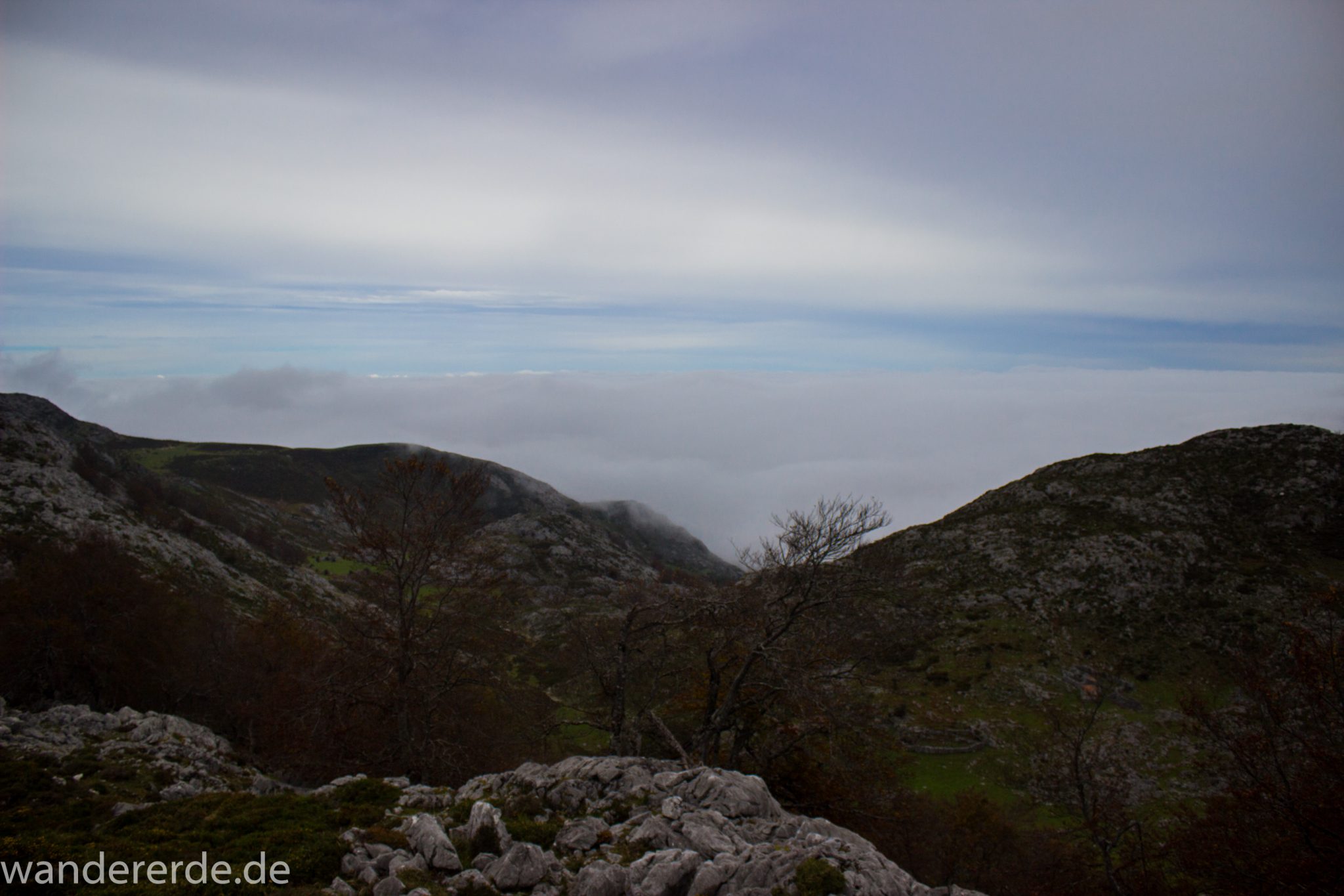 Wanderung Vega de Ario Picos de Europa Spanien, dichtes Wolkenband, Berge und Bäume, Nordspanien, Wandern