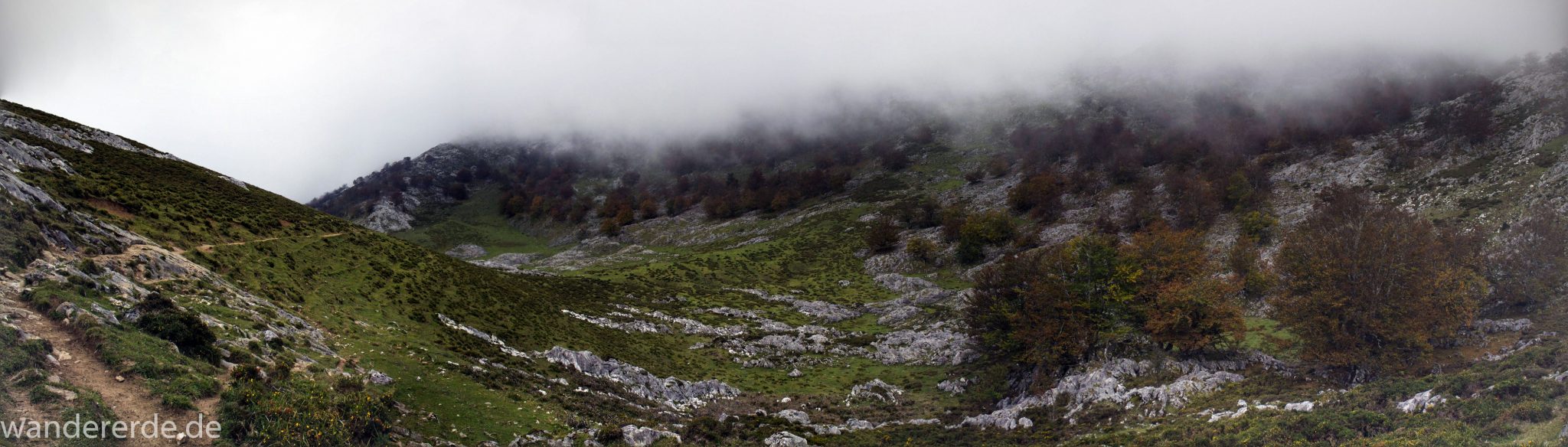 Wanderung Vega de Ario Picos de Europa Spanien, Berge, Wolken, grüne Wiese, zerklüftete Felsen, Bergregion, schmaler Wanderpfad, viele Bäume, Wanderregion Nordspanien