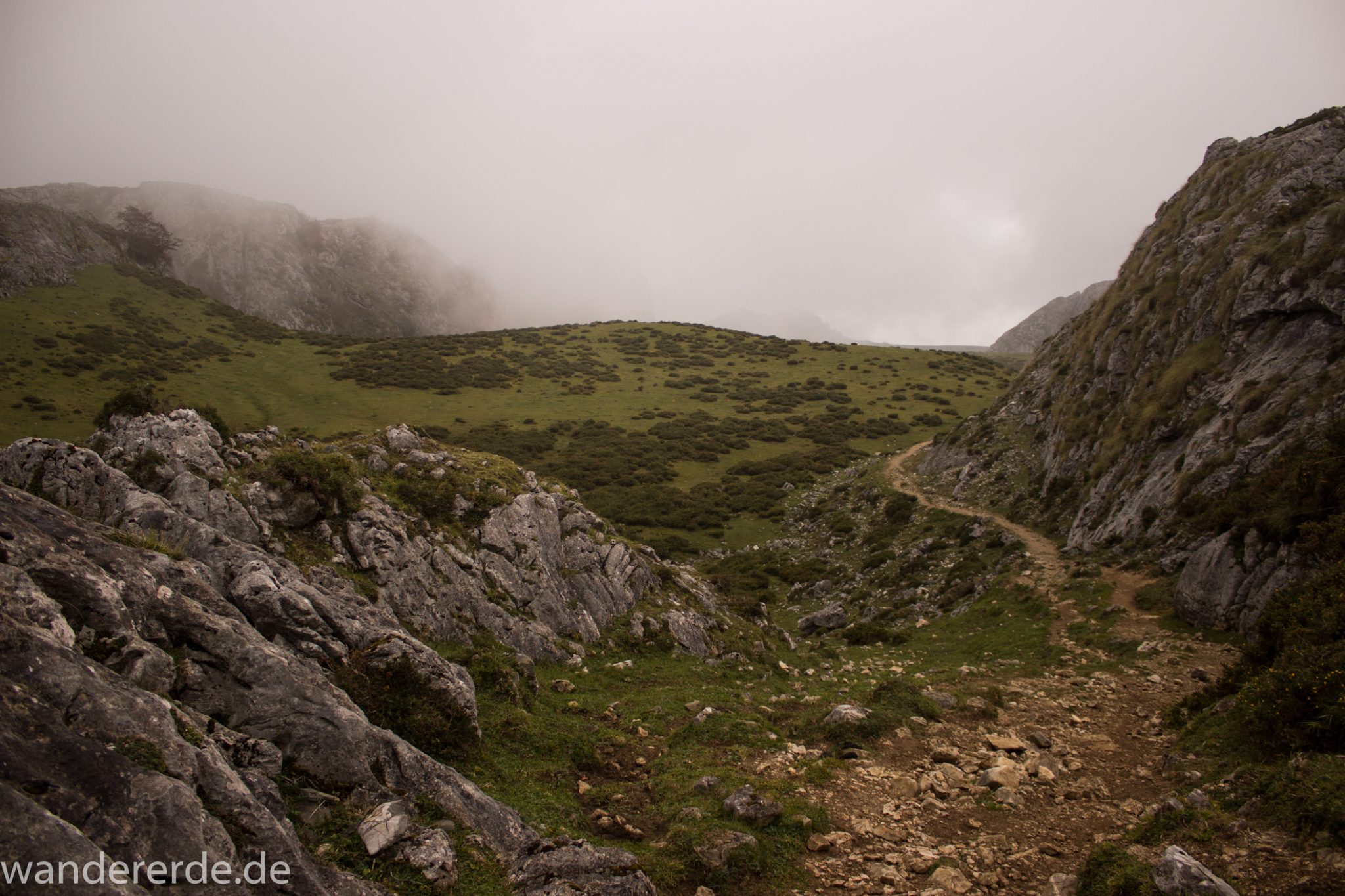 Wanderung Vega de Ario Picos de Europa Spanien, dichte Wolken, Bergregion in Nordspanien, Wandern, zerklüftete Felsen, Steine, schmaler Wanderpfad, atmosphärisch, saftig grüne Wiese