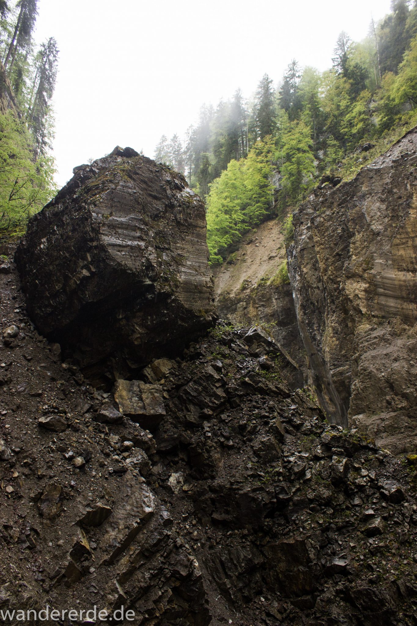 Wanderung durch die Breitachklamm im Allgäu, sehr hohe Felswände, tosende Breitach nach starkem Regen, Klamm umgeben von schönem Wald, Felsen im Fluss, Schneeschmelze im Allgäu, Wanderweg durch die Klamm, Erdrutsch in der Breitachklamm