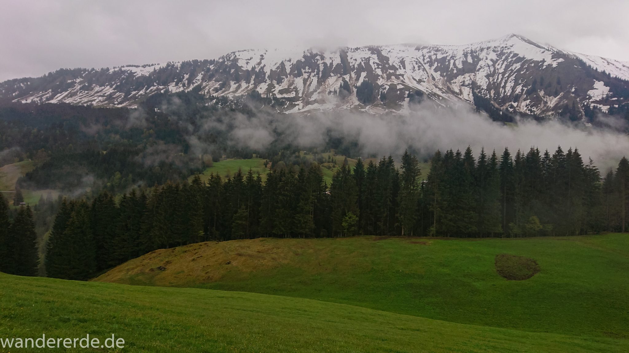 Wanderung bei der Breitachklamm im Allgäu, schöner Wald, saftige Wiesen, Wanderweg zum Waldhaus, Aussicht auf schneebedeckte Berge