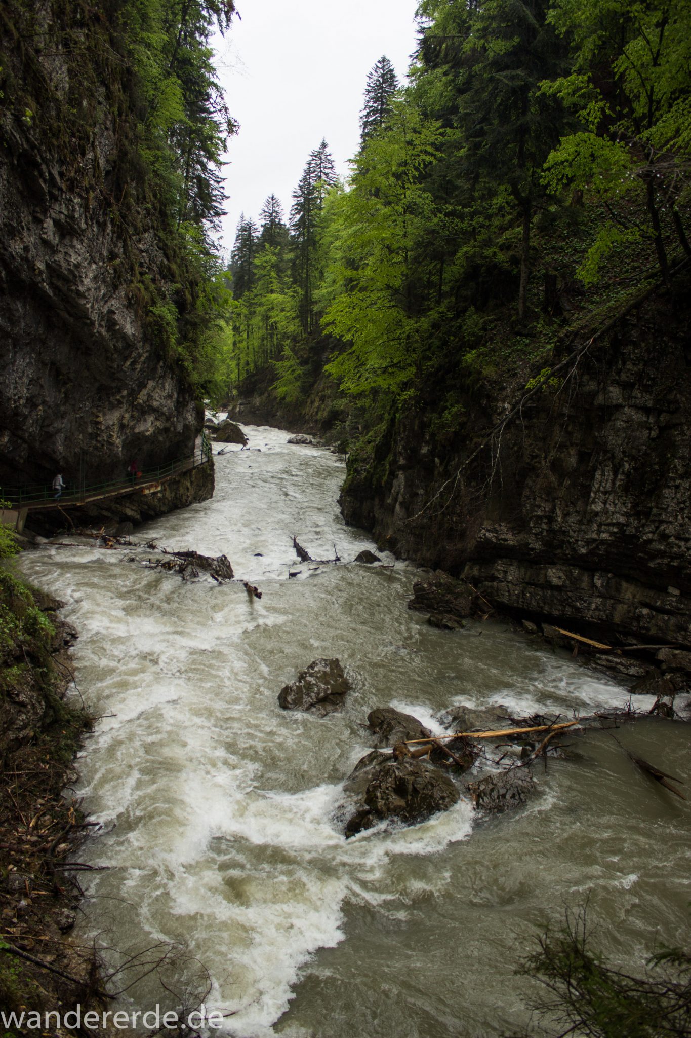 Wanderung durch die Breitachklamm im Allgäu, tosende Breitach nach starkem Regen, Klamm umgeben von schönem Wald, Felsen im Fluss, Schneeschmelze im Allgäu