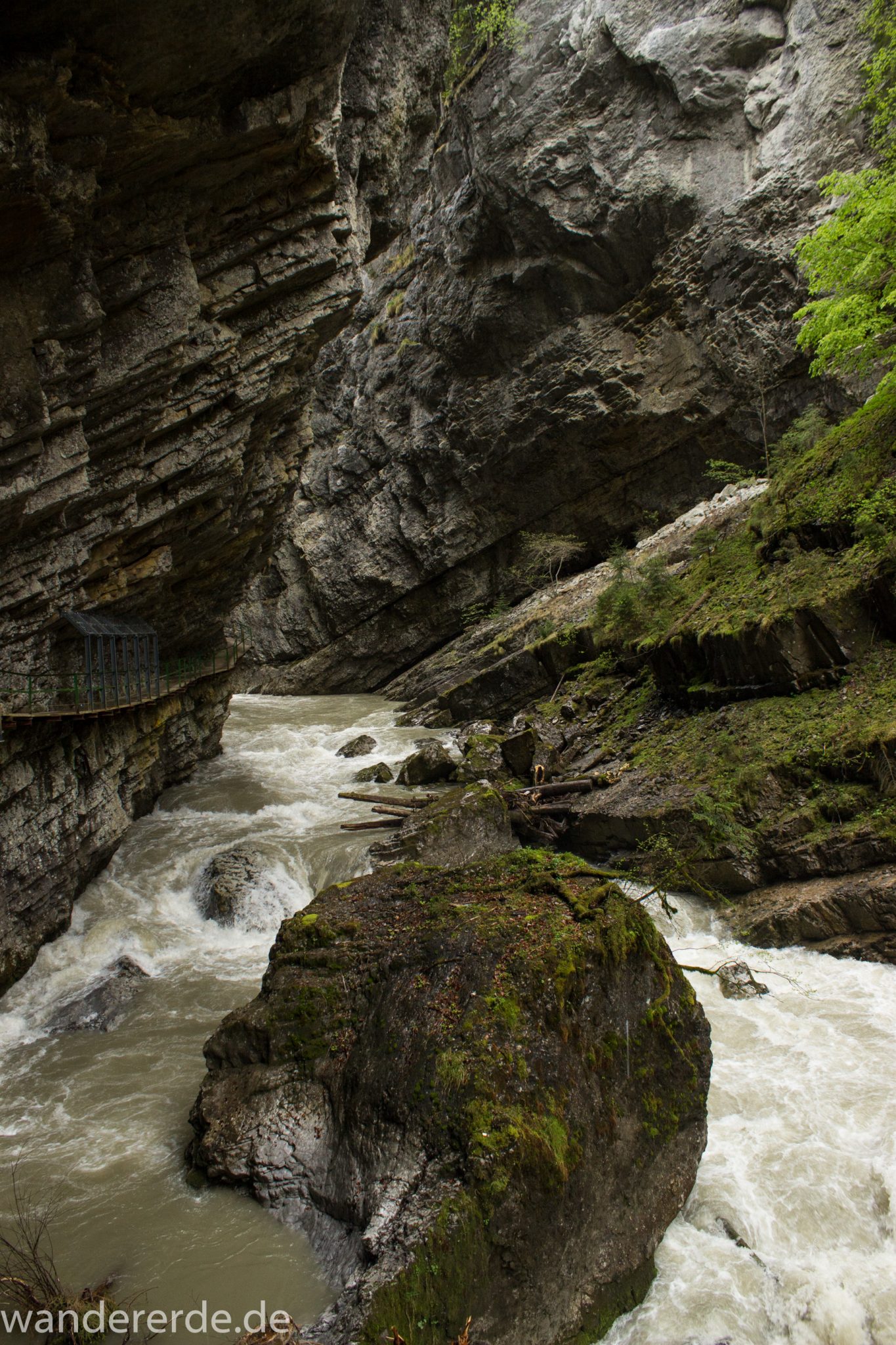 Wanderung durch die schmale und enge Breitachklamm im Allgäu, sehr hohe Felswände, tosende Breitach nach starkem Regen, Klamm umgeben von schönem Wald, Felsen im Fluss, Schneeschmelze im Allgäu, Wanderweg durch die Klamm
