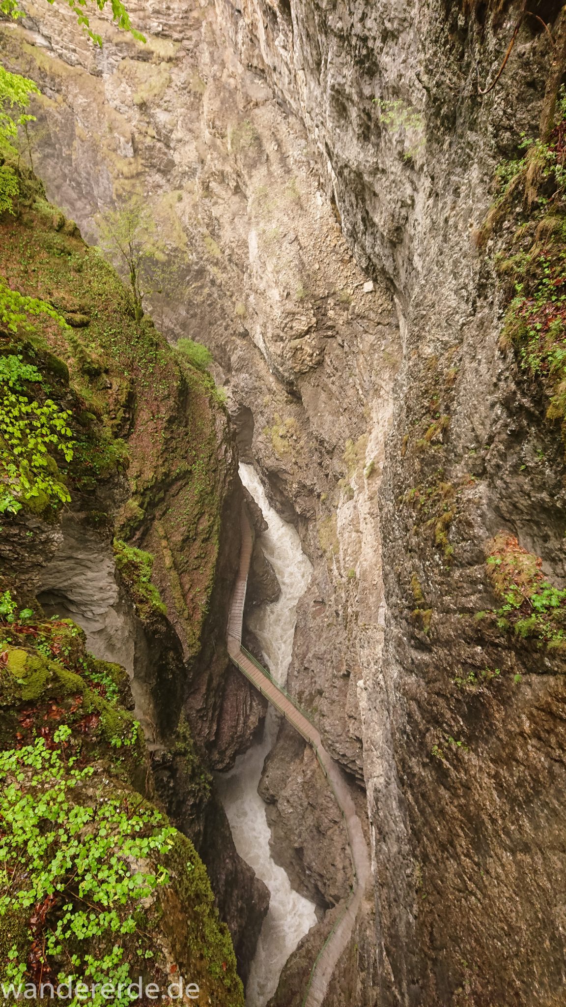 Wanderung durch die Breitachklamm im Allgäu, sehr hohe Felswände, tosende Breitach nach starkem Regen, Klamm umgeben von schönem Wald, Felsen im Fluss, Schneeschmelze im Allgäu, Wanderweg durch die Klamm