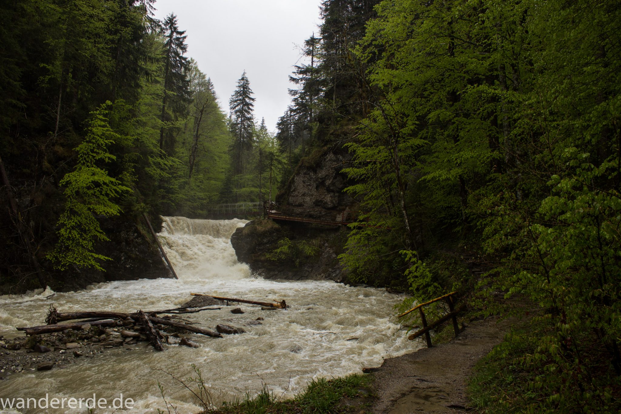 Wanderung Tobelweg ab Gunzesried im Allgäu, Ostertal Tobelweg ab Wanderparkplatz Gunzesrieder Säge wandern, abwechslungsreicher schmaler Pfad zum Ostertal, reißender Fluss nach starken Regenfällen, Fluss tritt beinahe über das Ufer, umgeben von Felsen und schönem, dichtem Mischwald