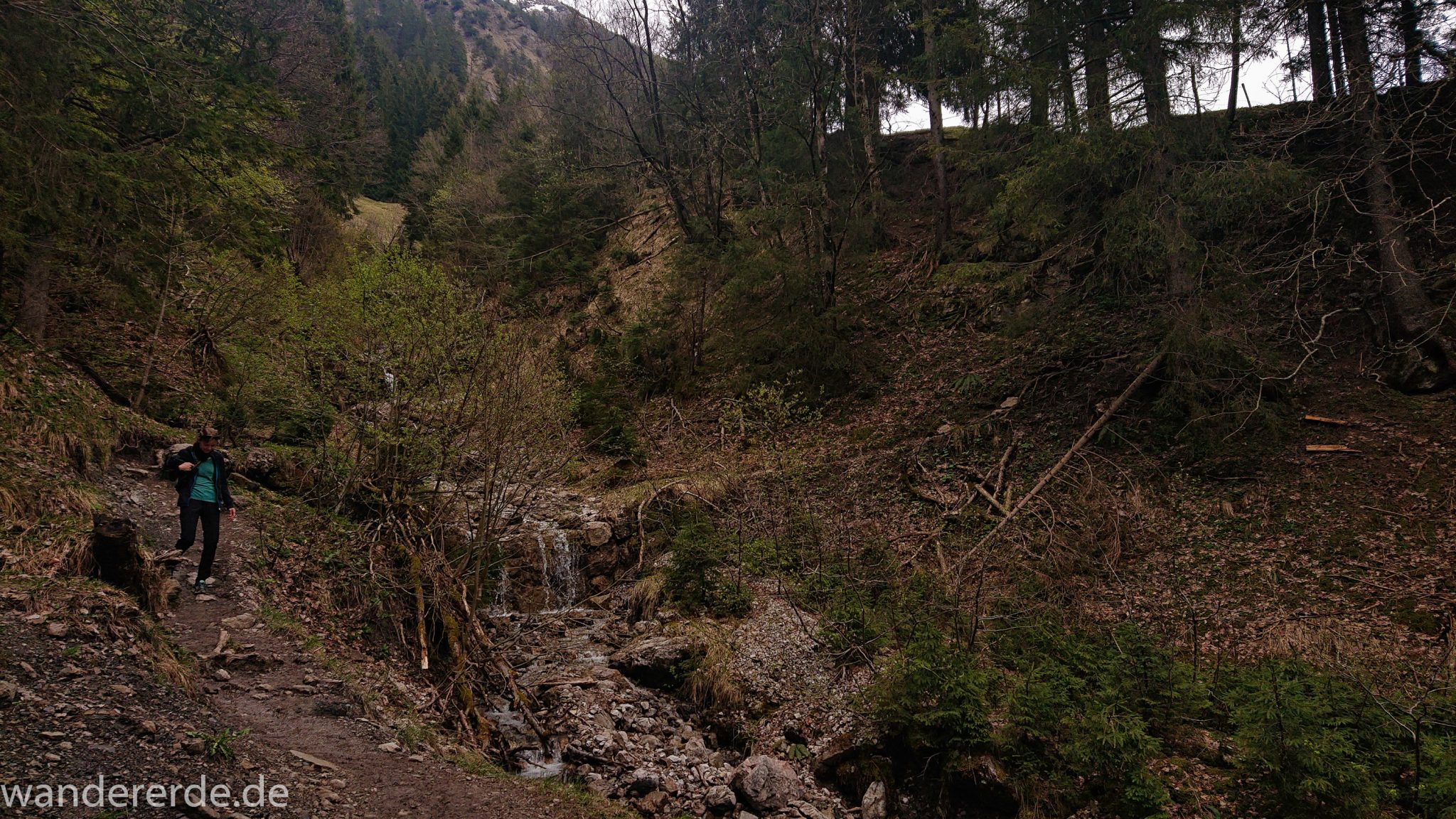 Wanderung Unterer Gaisalpsee, Wanderweg von Oberstdorf im Allgäu, schmalerer Kiespfad wird zunehmend steil und felsig, umgeben von schönem dichtem Mischwald, abwechselungsreicher Wanderweg von Oberstdorf zum Unteren Gaisalpsee