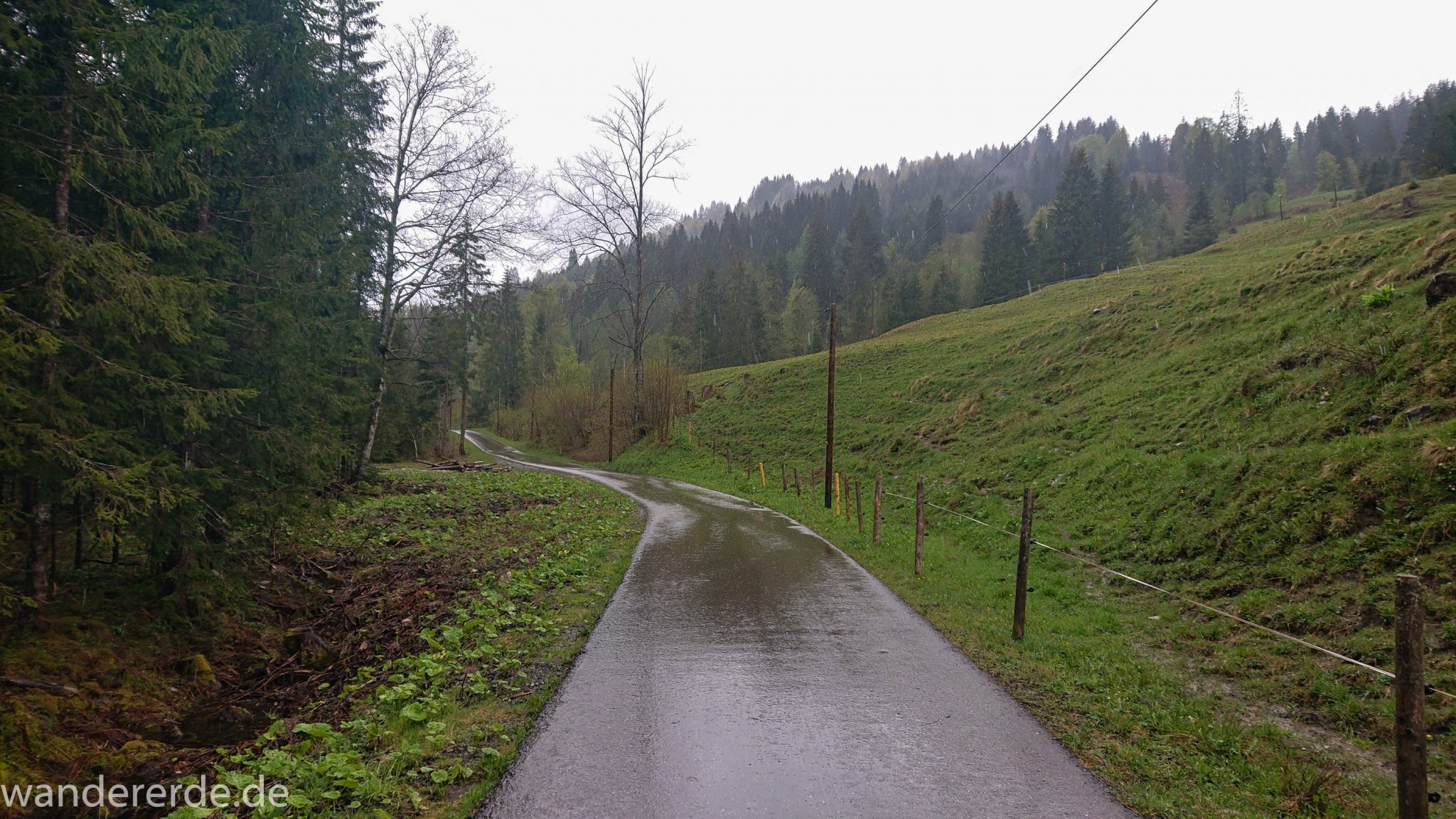 Wandern Gunzesrieder Ostertal im Allgäu, Baden-Württemberg, Obere Älple, viel Regen, dunkle Wolken, alphaltierte Straße, saftig grüne Wiesen, Wald