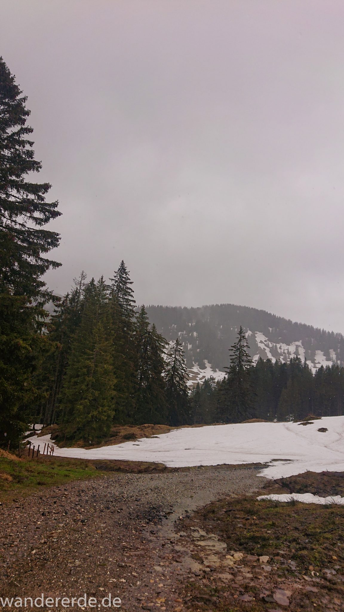 Wandern Gunzesrieder Ostertal im Allgäu, Baden-Württemberg, Obere Älple, viel Regen, dunkle Wolken, Schnee im Mai, saftig grüner Wald, Wanderweg unter Schnee, schöne Atmosphäre und Aussicht