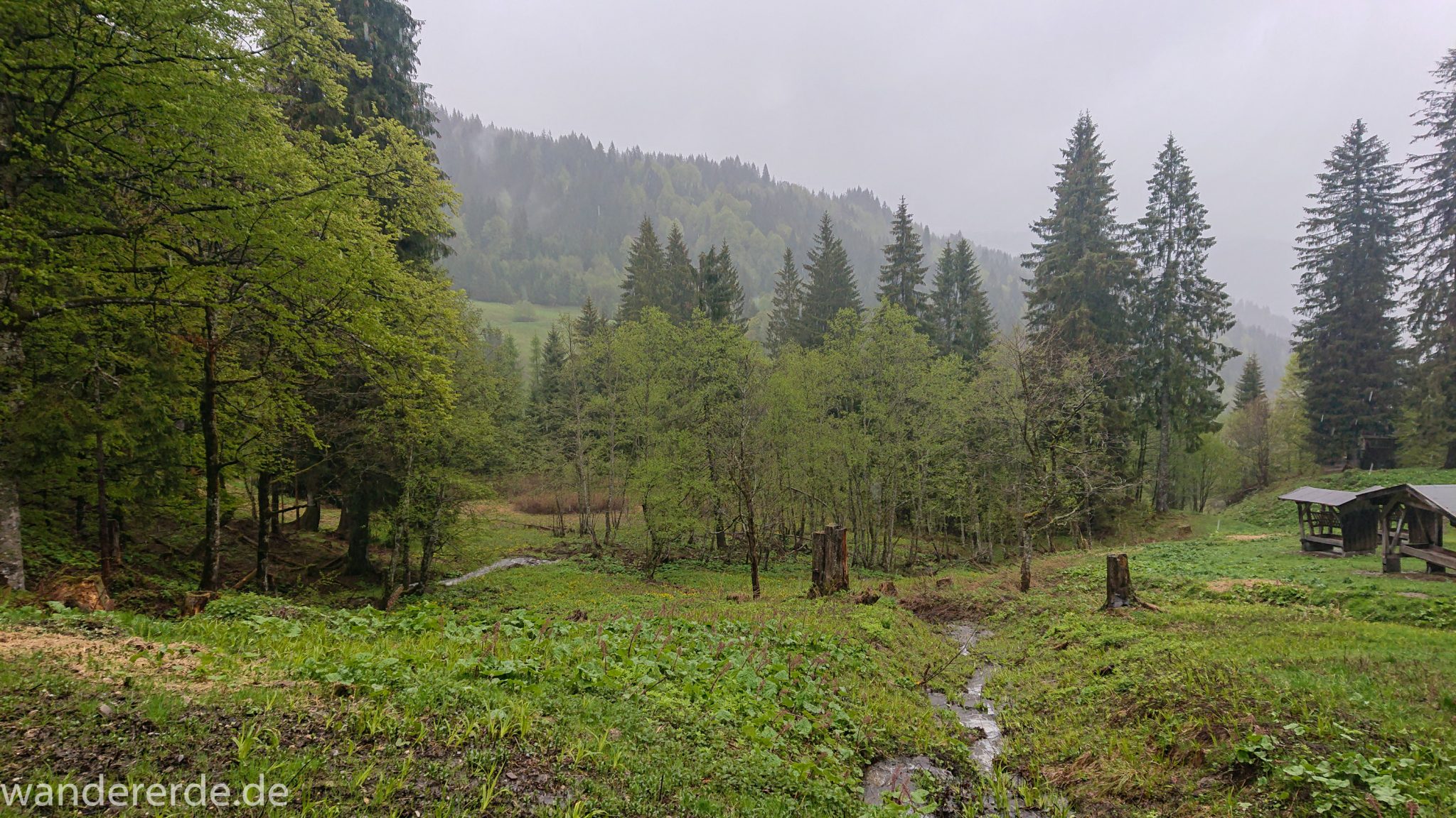 Wandern Gunzesrieder Ostertal im Allgäu, Baden-Württemberg, Obere Älple, viel Regen, dunkle Wolken, saftig grüne Wiesen und schöner Wald, Bach füllt sich durch viel Regen