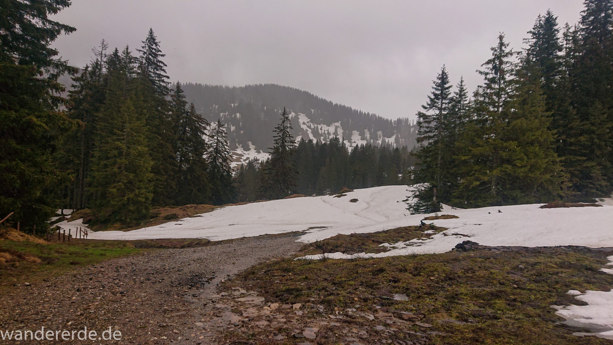 Wandern Gunzesrieder Ostertal im Allgäu, Baden-Württemberg, Obere Älple, viel Regen, dunkle Wolken, Schnee im Mai, saftig grüner Wald, Wanderweg unter Schnee, schöne Atmosphäre und Aussicht