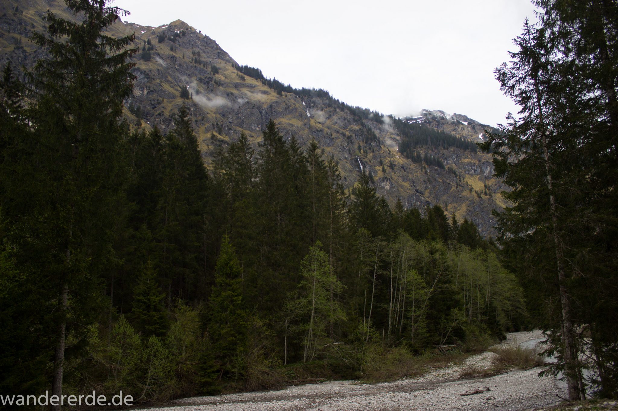 Wanderung im Oytal bei Oberstdorf im Allgäu, Bayern, schöner dichter und grüner Wald umgibt den Oybach im Oytal, Berge säumen den Wanderweg durch das Oytal, sehr schöne Atmosphäre, Kies am Ufer