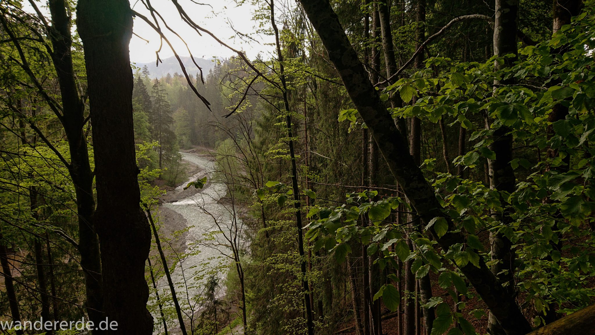 Wanderung im Oytal bei Oberstdorf im Allgäu, Bayern, Wanderung Richtung Oberstdorf über den Kühberg, sehr schöne Atmosphäre bei einsetzendem Regen, Aussicht auf Fluß Trettach im Tal, saftig grüne und dichte Wälder im Trettachtal