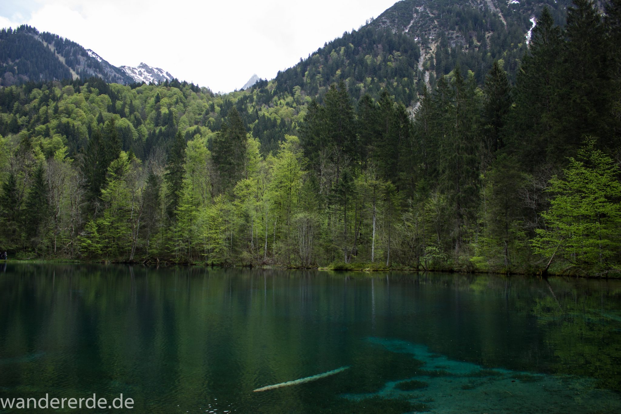 Wanderung Oberstdorf nach Gerstruben im Allgäu, Bayern, Wanderweg durch das Trettachtal zum Christlessee, kristallklares Wasser im kleinen See, Aussicht auf umliegende Berge, Ufer mit schönen Bäumen, sattgrüne Wälder, Frühling in den Bergen