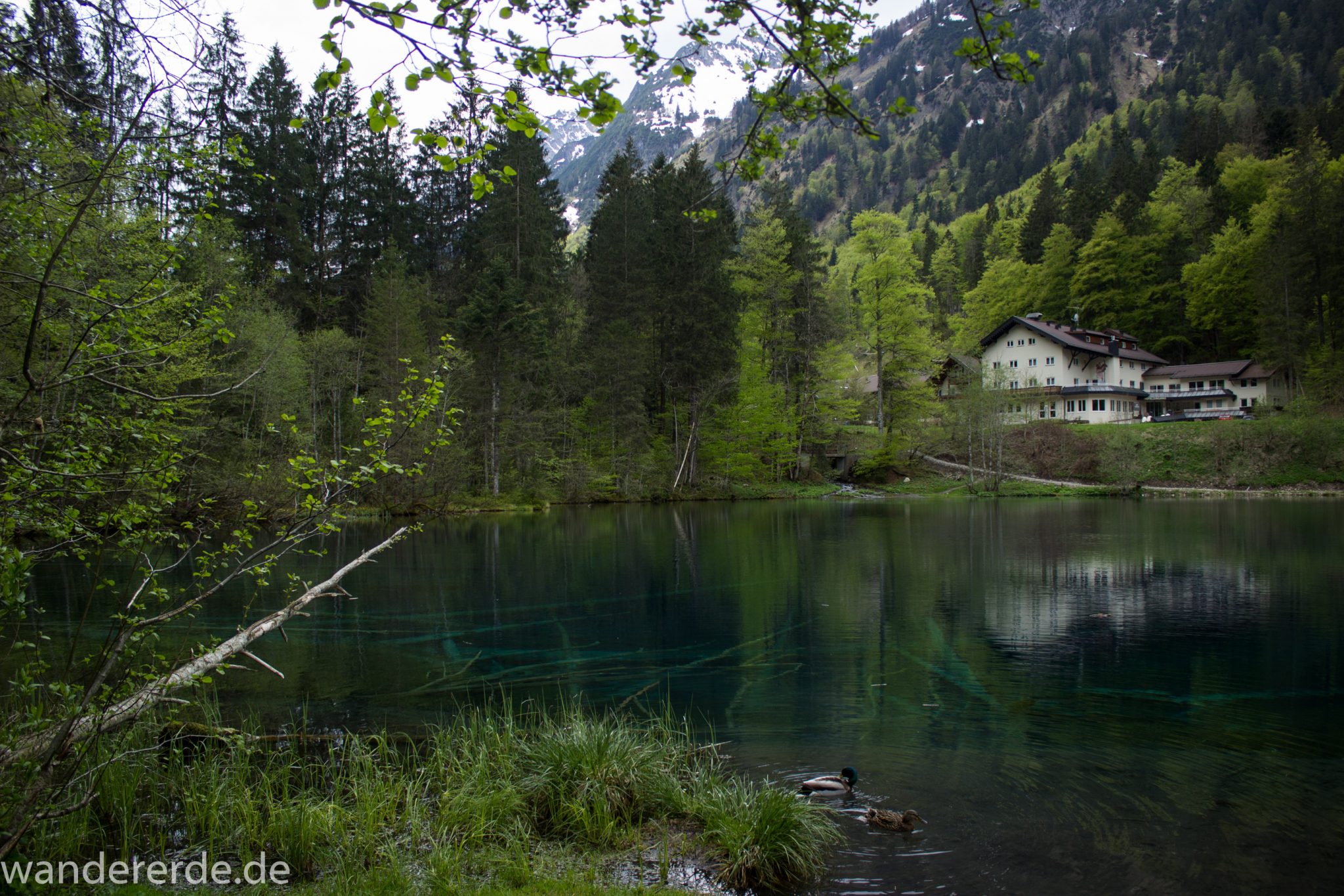 Wanderung Oberstdorf nach Gerstruben im Allgäu, Bayern, Wanderweg durch das Trettachtal zum Christlessee, kristallklares Wasser im kleinen See, Aussicht auf umliegende Berge, Ufer mit schönen Bäumen, sattgrüne Wälder, Frühling in den Bergen