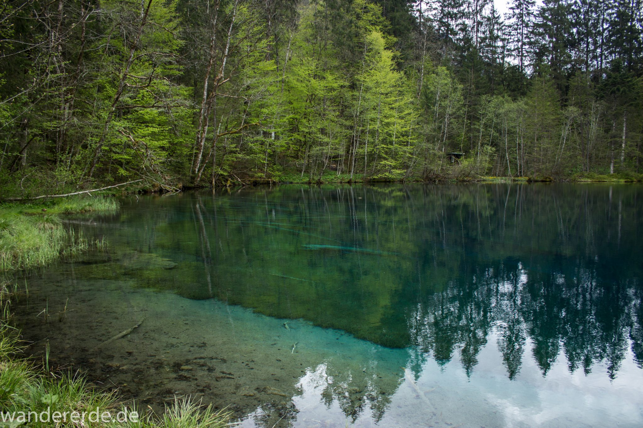 Wanderung Oberstdorf nach Gerstruben im Allgäu, Bayern, Wanderweg durch das Trettachtal zum Christlessee, kristallklares Wasser im kleinen See, Aussicht auf umliegende Berge, Ufer mit schönen Bäumen, sattgrüne Wälder, Frühling in den Bergen